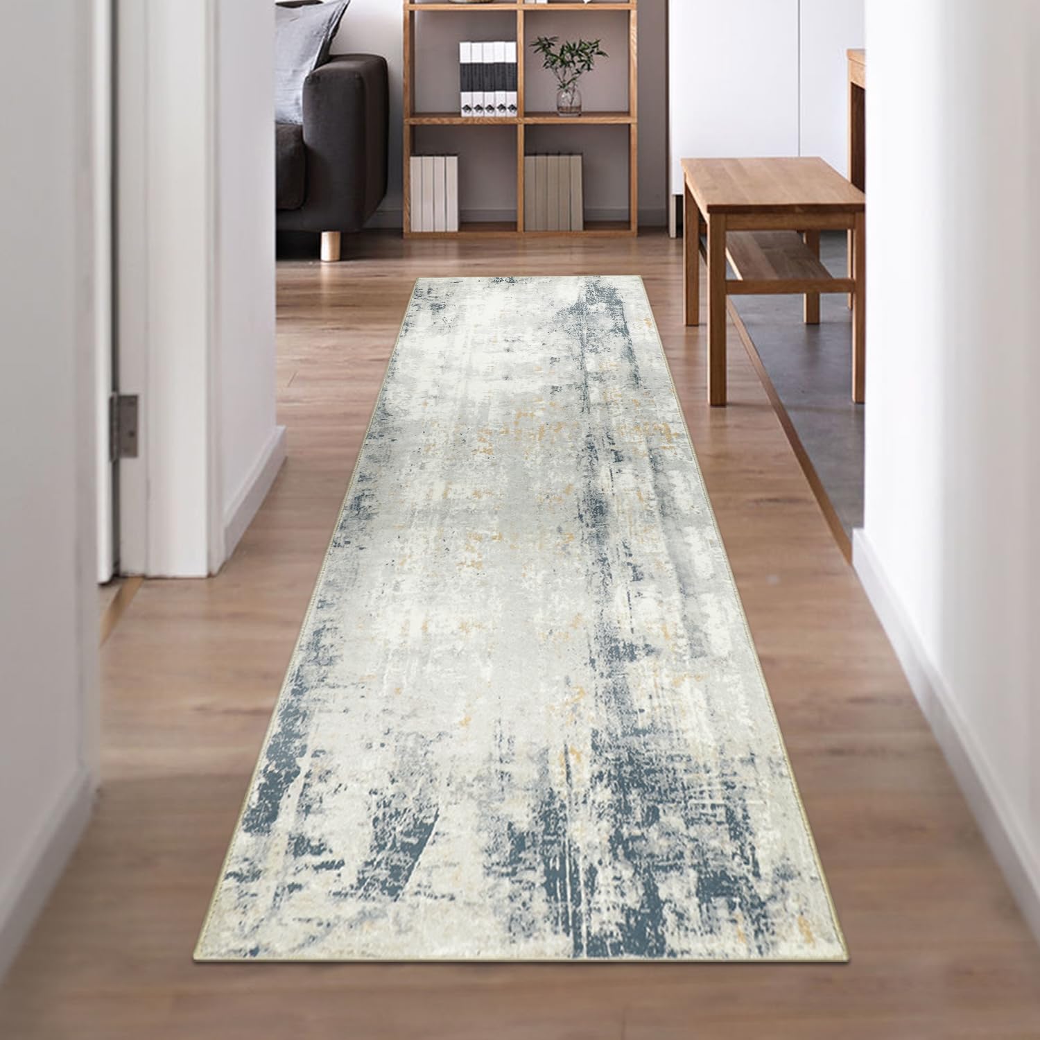 Famibay Alfombra Pasillo Larga 65x240cm Beige Azul Alfombra Cocina Moderna Alfombras de Pasillo Lavables Antideslizante Abstracta Suave para Pasillo Cocina Lavadero Larga Entrada