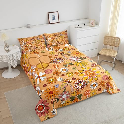 Miniatura 3 de Groovy Style - Juego de edredón de tamaño matrimonial, juego de ropa de cama vintage de los años 60 y 70 con diseño de garabatos de flores para