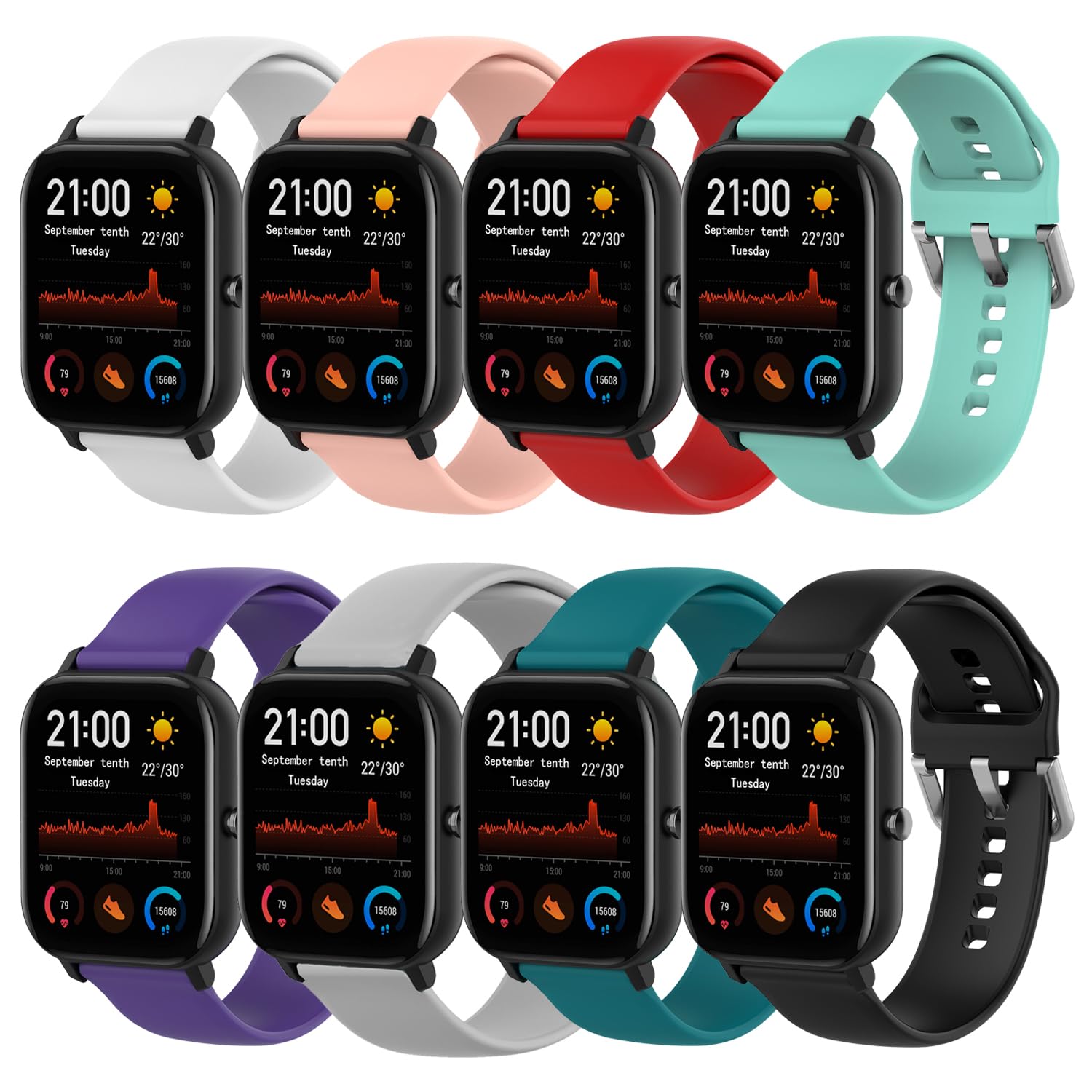 RuenTech Compatible with WNH IDW25/KEEPONFIT IDW26/Faweio IDW26/Fitpolo IDW208P Smart Watch Bands, Replacement Flexible Silicone Bands for IDW25 IDW26 IDW208P Smartwatch (8-Pack)