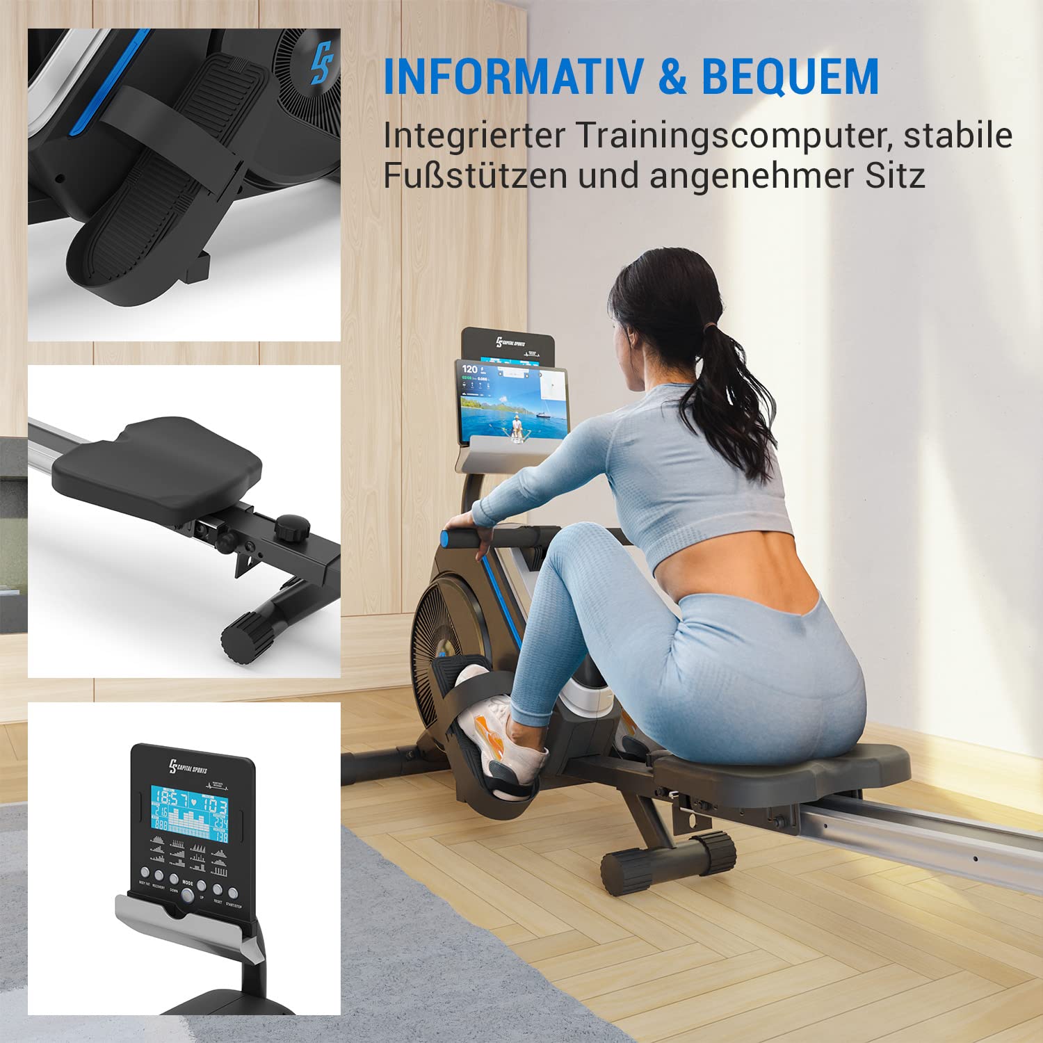 Capital Sports Rudergerät für Zuhause, Kompakter Rowshaper, Klappbar mit 8 Stufen, LCD-Monitor, Bodenrollen, Row Shaper mit Magnetwiderstand, Cardio, Fitnessgeräte