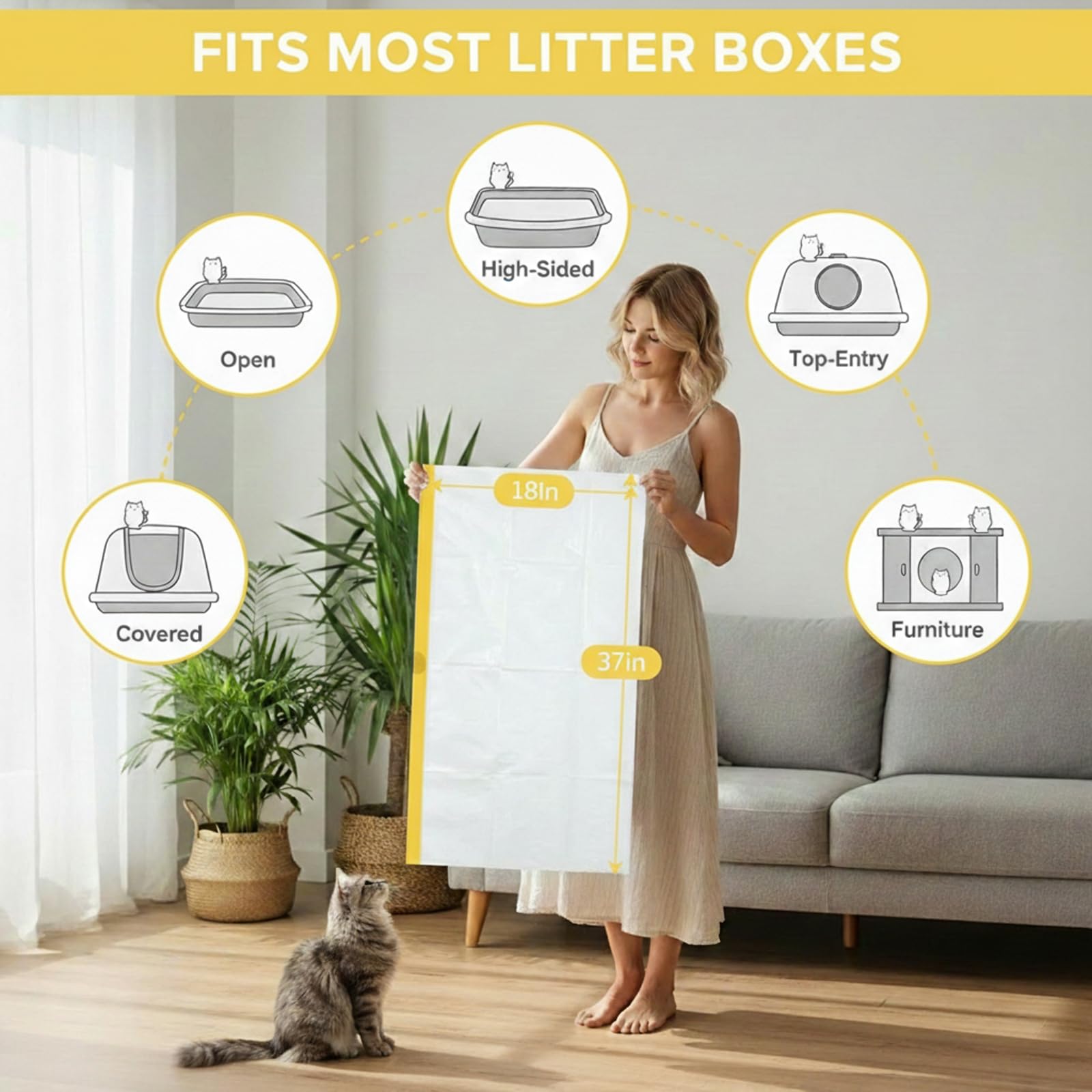 Paquete de 60 bolsas de arena para gatos de 37 x 18 pulgadas, sin desgarros, fáciles de tirar de 3 mil a prueba de fugas, cordón resistente, embalaje en caja, bolsas de arena para gatitos con banda