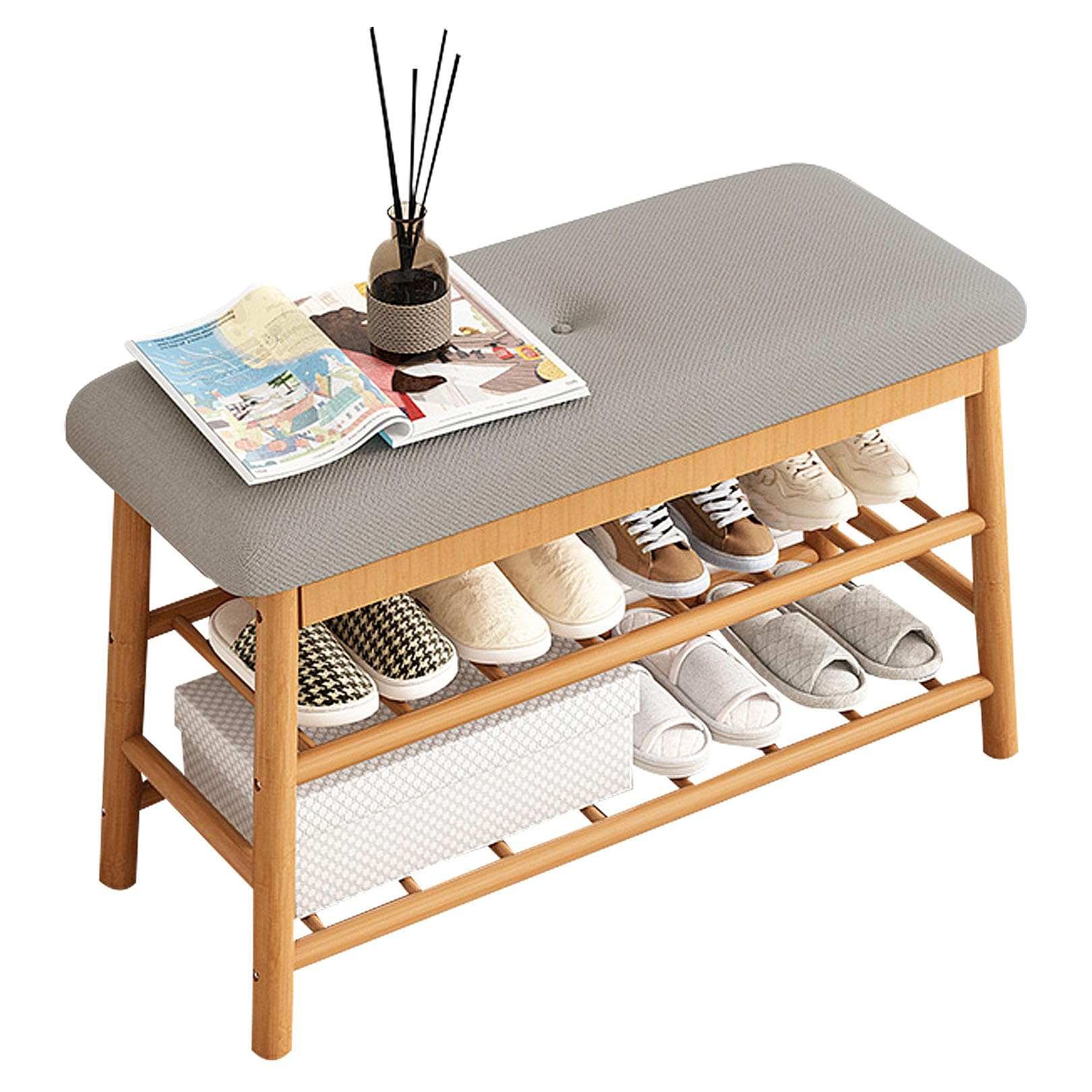 Banc à chaussures en bois avec siège rembourré et rangement compact gris