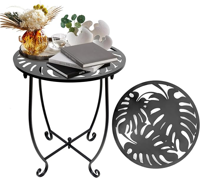 Outdoor Side Table for Small Spaces, 2 Pack 14 Inch Round Metal End Table for Patio Balcony Yard Porch, Anti-Rust Waterproof Accent Table for Indoor Outdoor Use, Easy Assembly