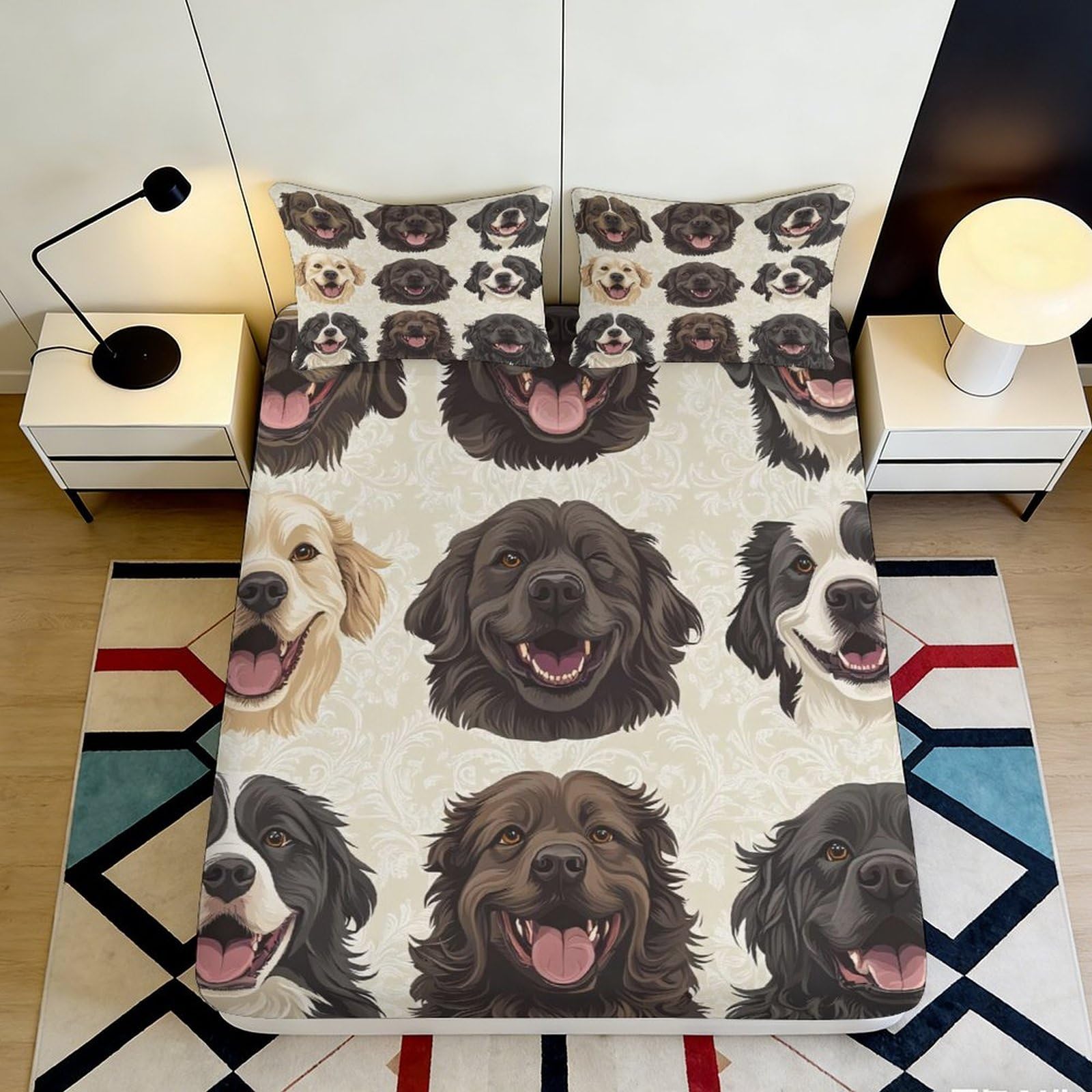 3D Printed Cartoon Dog Pattern Fitted Sheet Microfiber Soft Mattress Cover for Bedroom Guest Room Easy Care 200x200x25cm