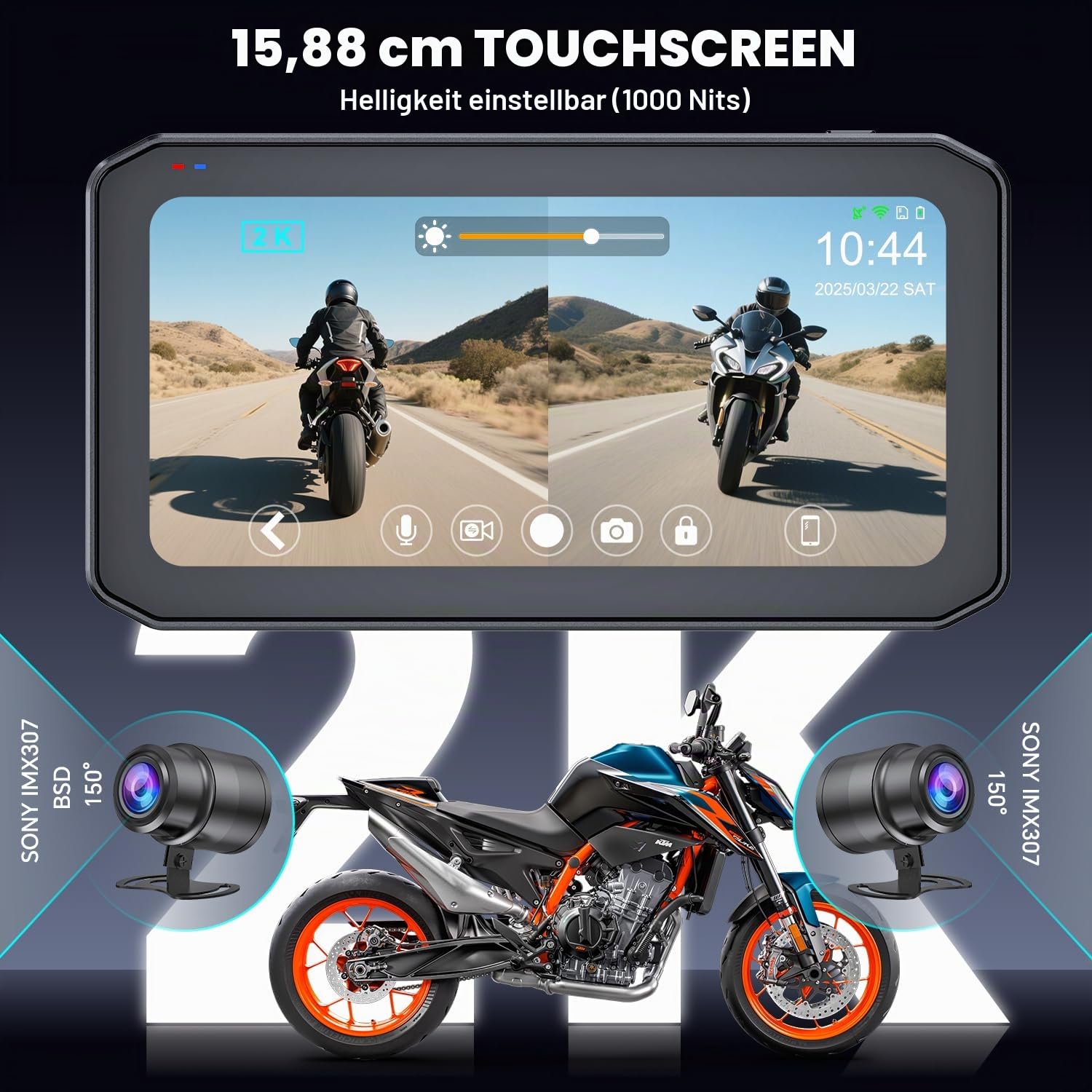 2K Dashcam Motorrad mit CarPlay Android Auto Navi, IP67 Motorrad Kamera vorne und hinten, 6,25" 1000nit Touchscreen mit GPS, TPMS, Fernbedienung, inkl. 64GB TF-Karte