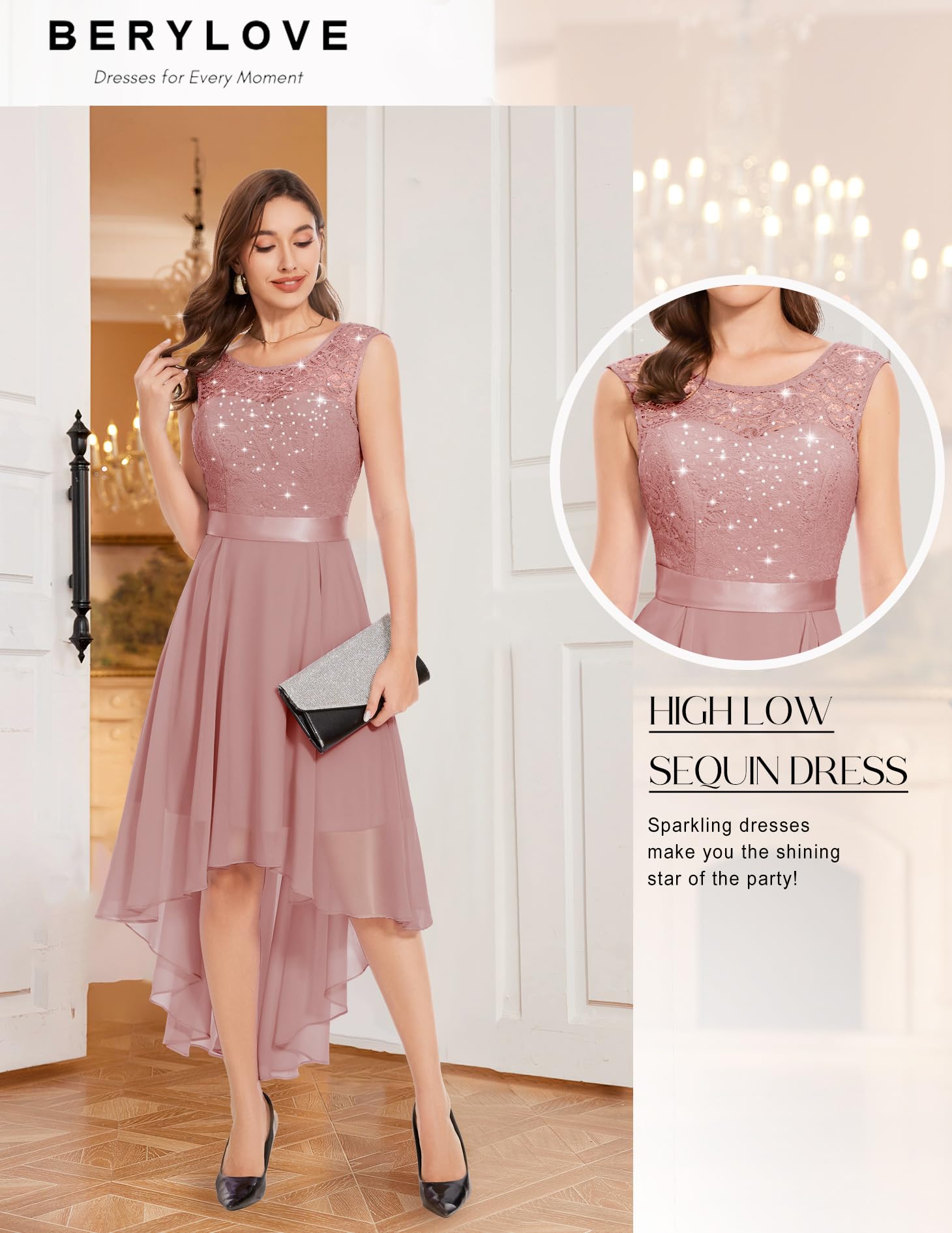 Berylove Damen Vokuhila Cocktailkleid Abendkleider Elegant für Hochzeit Festliche Kleider Ärmellos Brautjungfernkleid