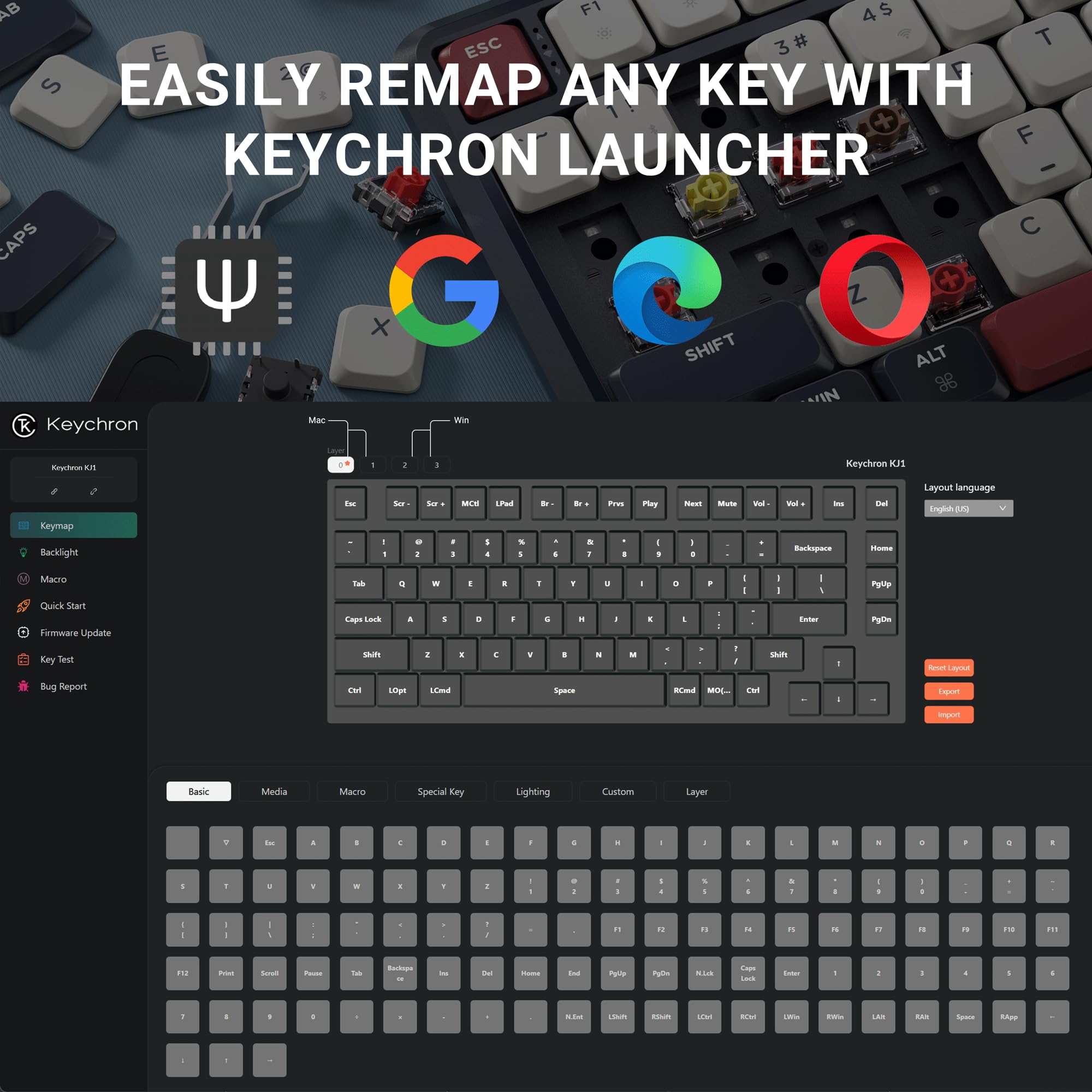 Keychron KJ1 Tastiera meccanica wireless a basso profilo, 2,4 GHz, Bluetooth QMK 75% Layout RGB, interruttore rosso sostituibile a caldo, compatibile con Mac Windows Linux, ricarica rapida da 2000 mAh