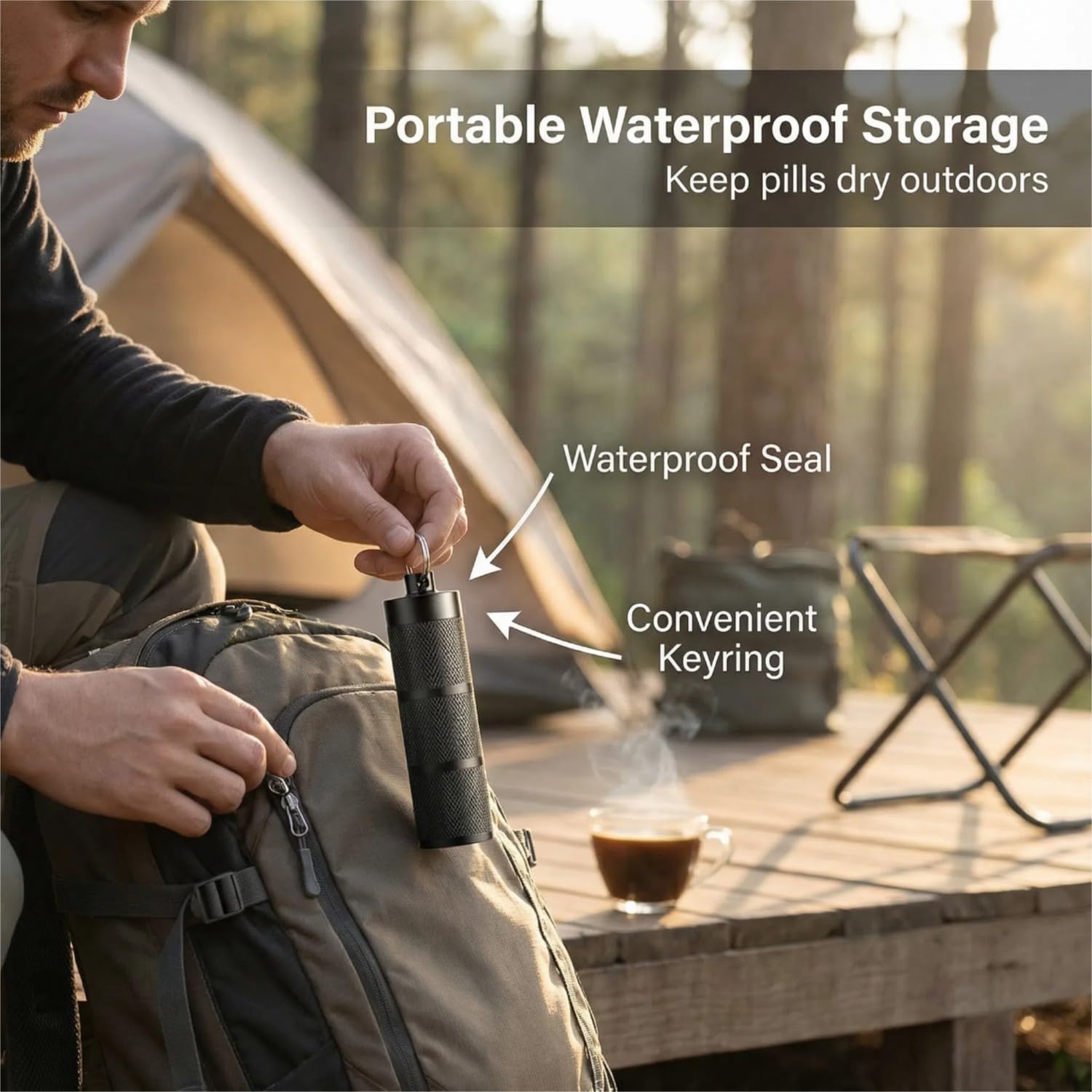 Waterproof Keychain Pill Holder - 3-Compartment, Black image 4