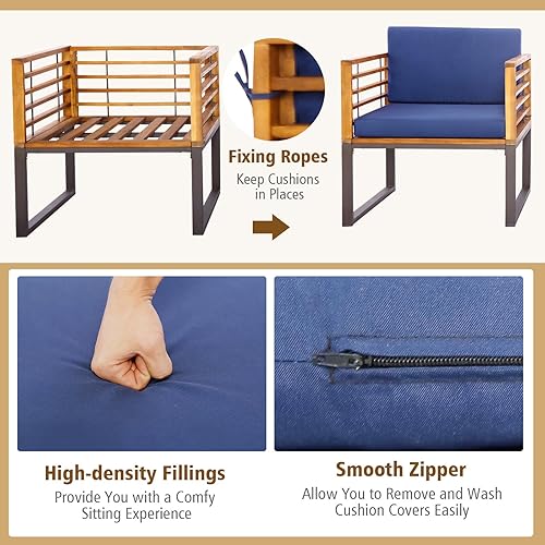 Miniatura 6 de Tangkula Juego de 3 piezas de madera de acacia para patio, juego de conversación al aire libre con sillones acolchados y mesa de centro cuadrada,