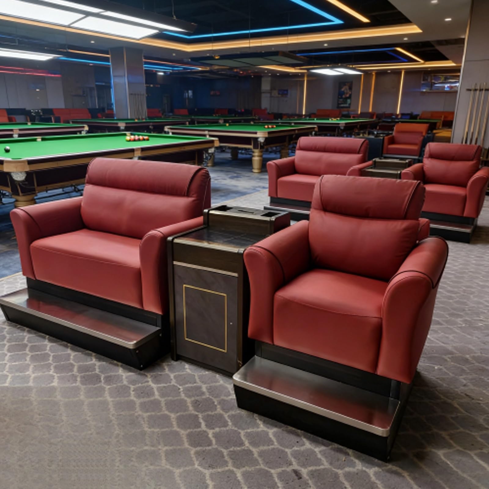 Billard Zuschauer-Sitz-Set, PU-Leder, Sofa mit Getränkehalter, Queue & Schließfach für Club-Spielzimmer