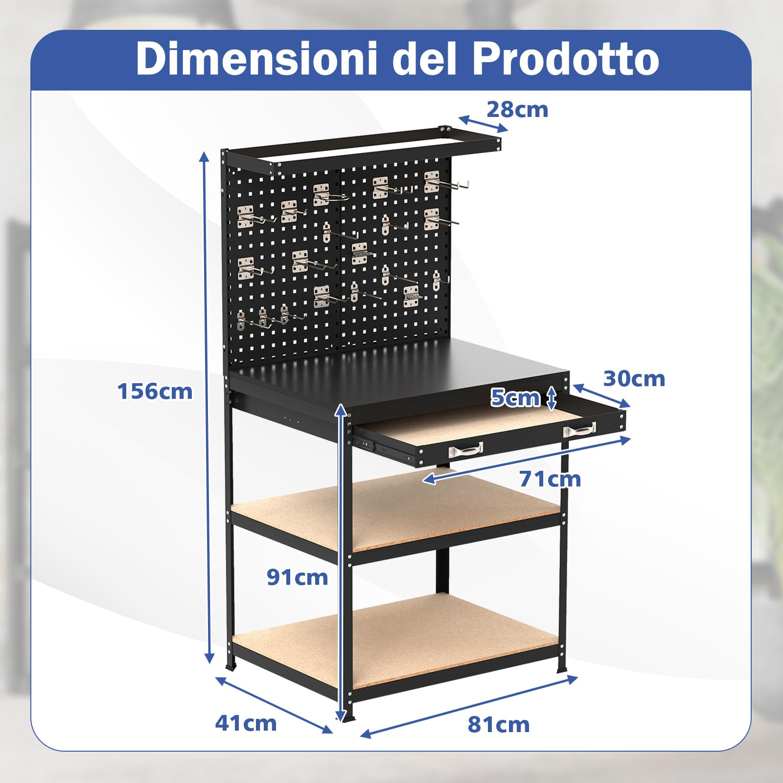 COSTWAY Banco da Lavoro con Piano da 81 x 41 cm, Banco da Lavoro Officina con Pannello Forato e 20 Ganci, Cassetto e 2 Ripiani, Tavolo Lavoro per Garage Capacità 225 kg (Nero, 81 x 41 x 156 cm)