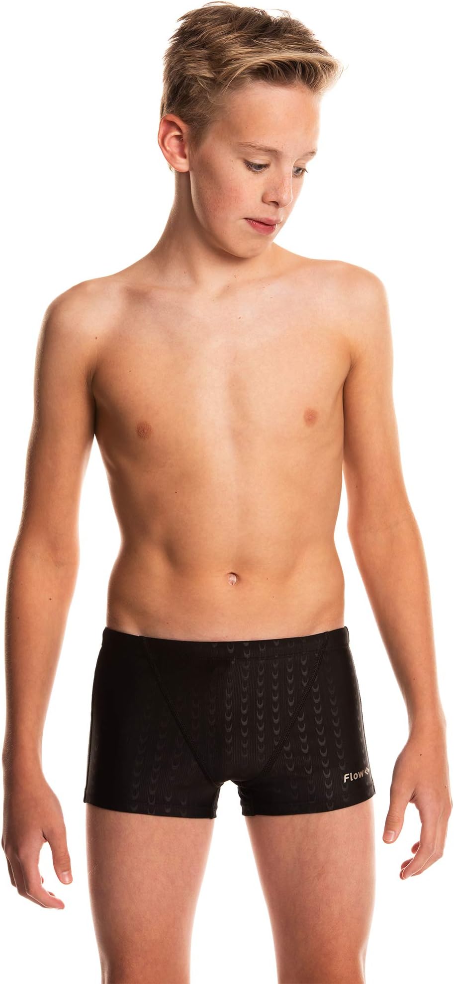 Flow Square Leg Swimsuit - Boxer Brief Shaped Swim Trunks Size 21 to 30 for Boys in Black and Blue