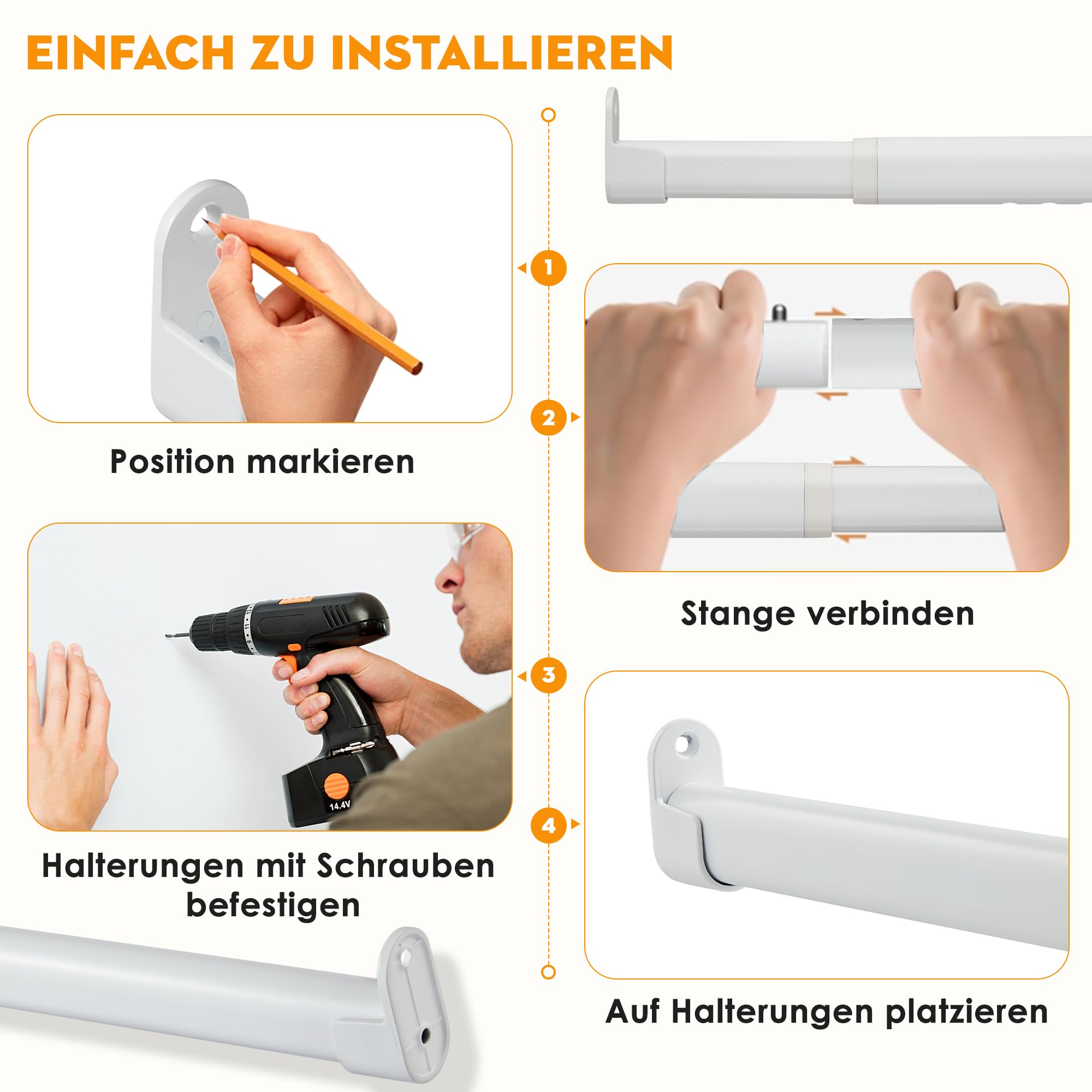 Asta appendiabiti per armadio, bianco, ovale, 25 mm, allungabile con 2 supporti, per armadio, finestra, 43-101 cm