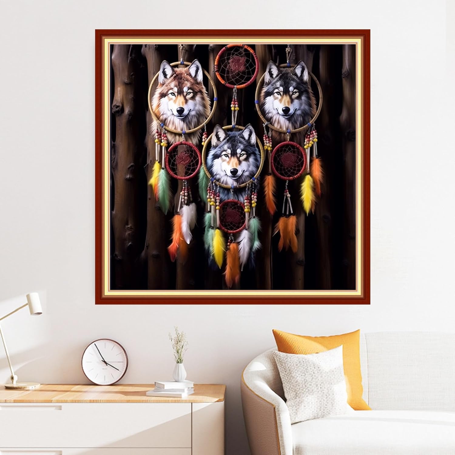 Disxvivy Cross Stitch Stamped Full Embroidery Kits DIY 11CT Cotton Thread Printed DIY Needlepoint Kits Craft Needlework Set Cross-Stitch Stamped Sets-Wolf Wind Chime 18x18 inch