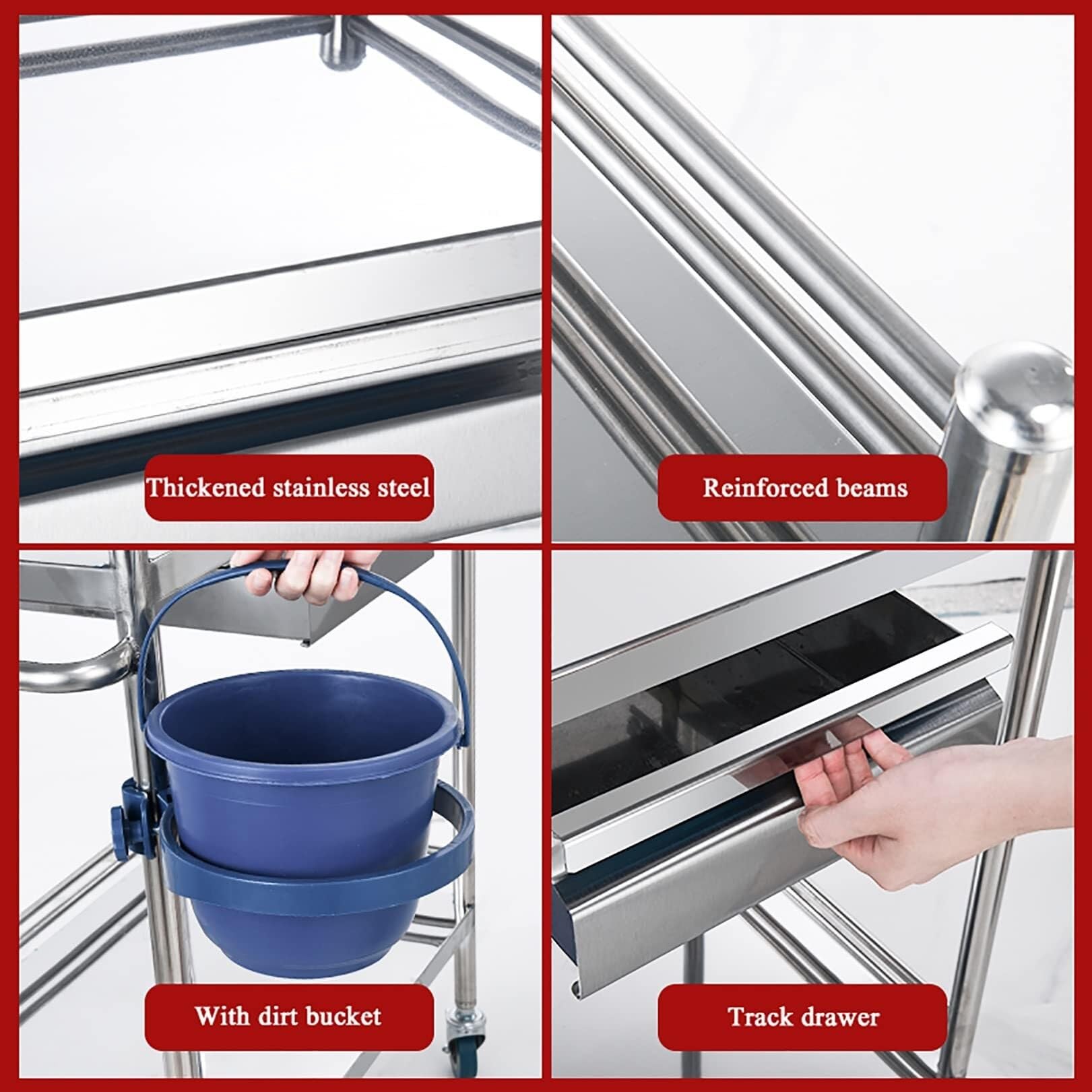 Carrello da laboratorio in acciaio inox con 2 cassetti, a due piani, carico massimo 80 kg, per attrezzature e strumenti
