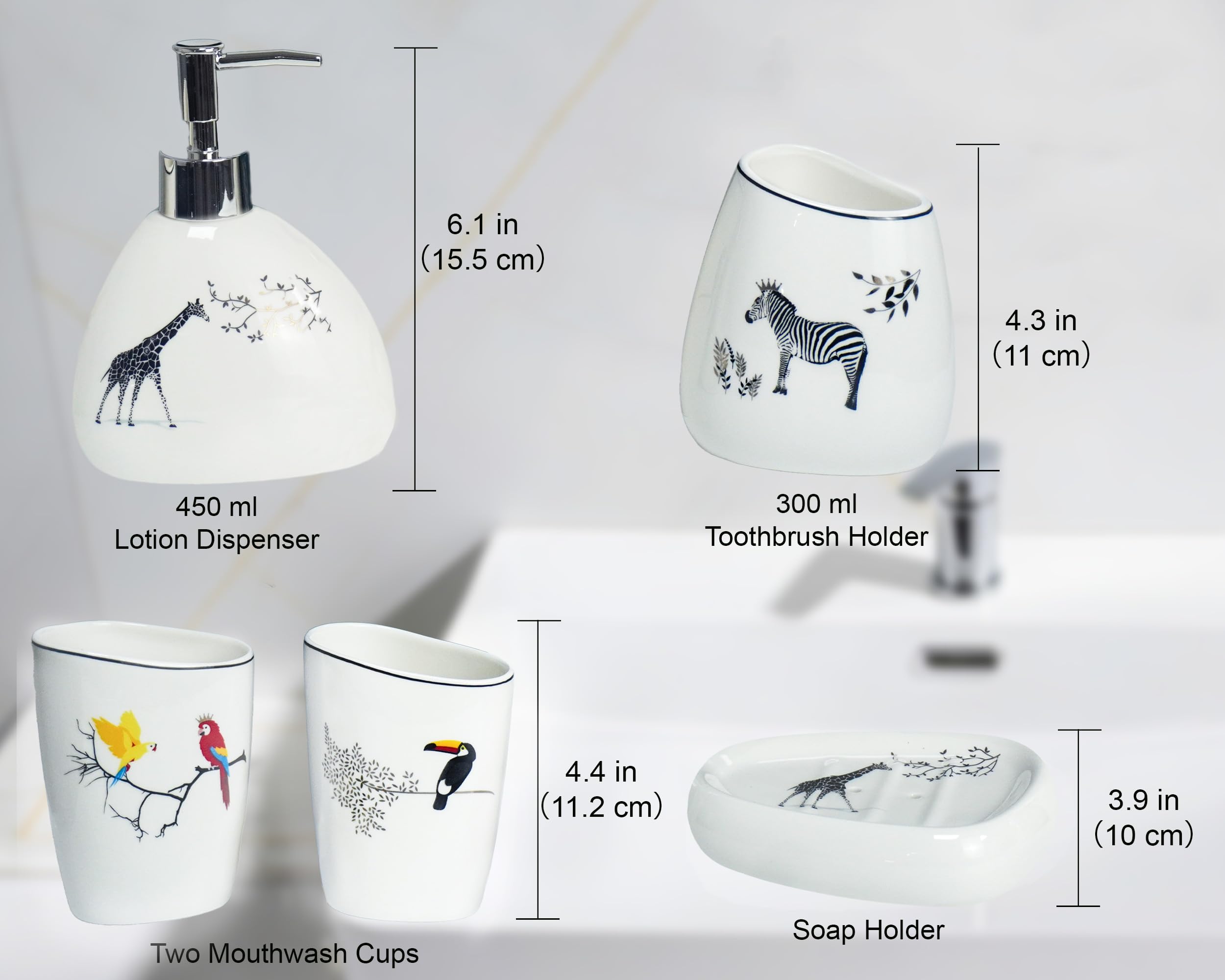 Juego de accesorios de baño de cerámica de 5 piezas con patrón de animales, incluye dispensador de jabón, soporte para cepillo de dientes, jabonera y 2 tazas de enjuague bucal, decoración