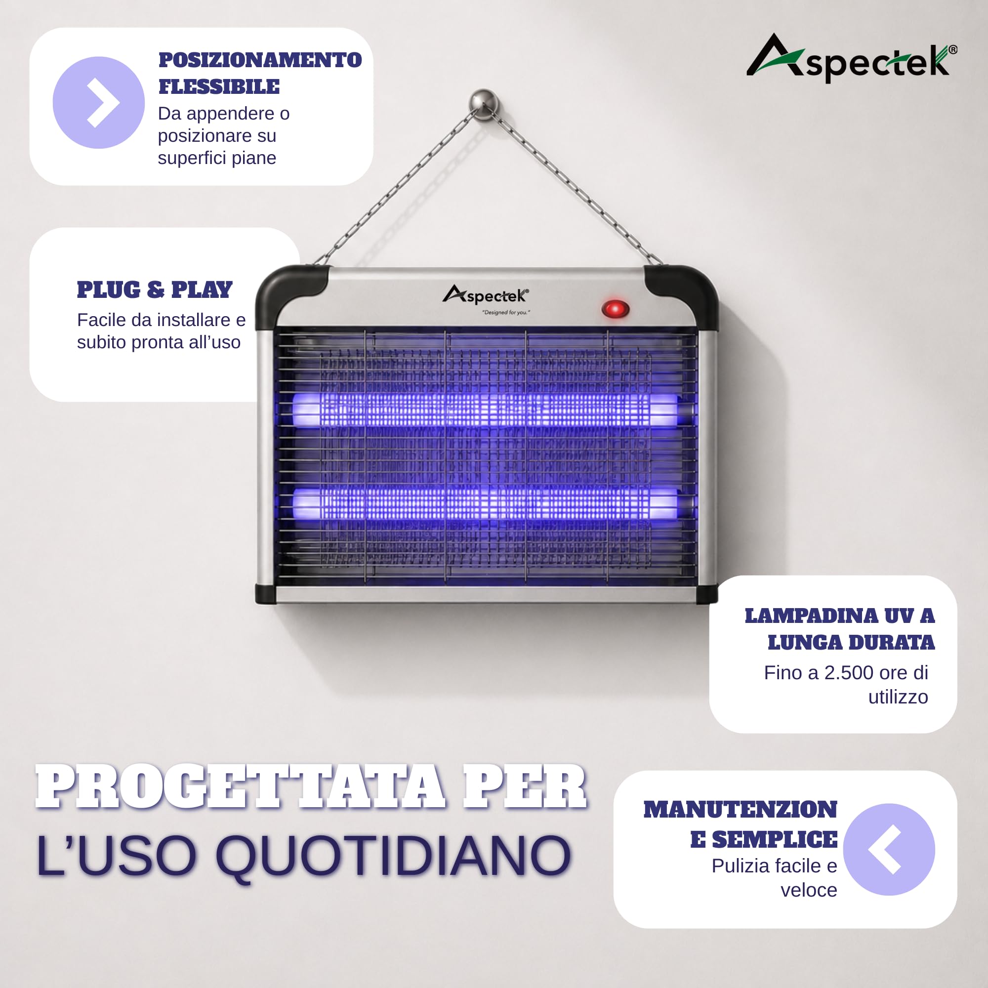 ASPECTEK Lampada Antizanzare Elettrica 20W 2800V – Sterminatore di Insetti e Mosche per Interni, Trappola per Insetti Volanti (Zanzare, Mosche, Moscerini), Include 2 Lampadine UV di Ricambio