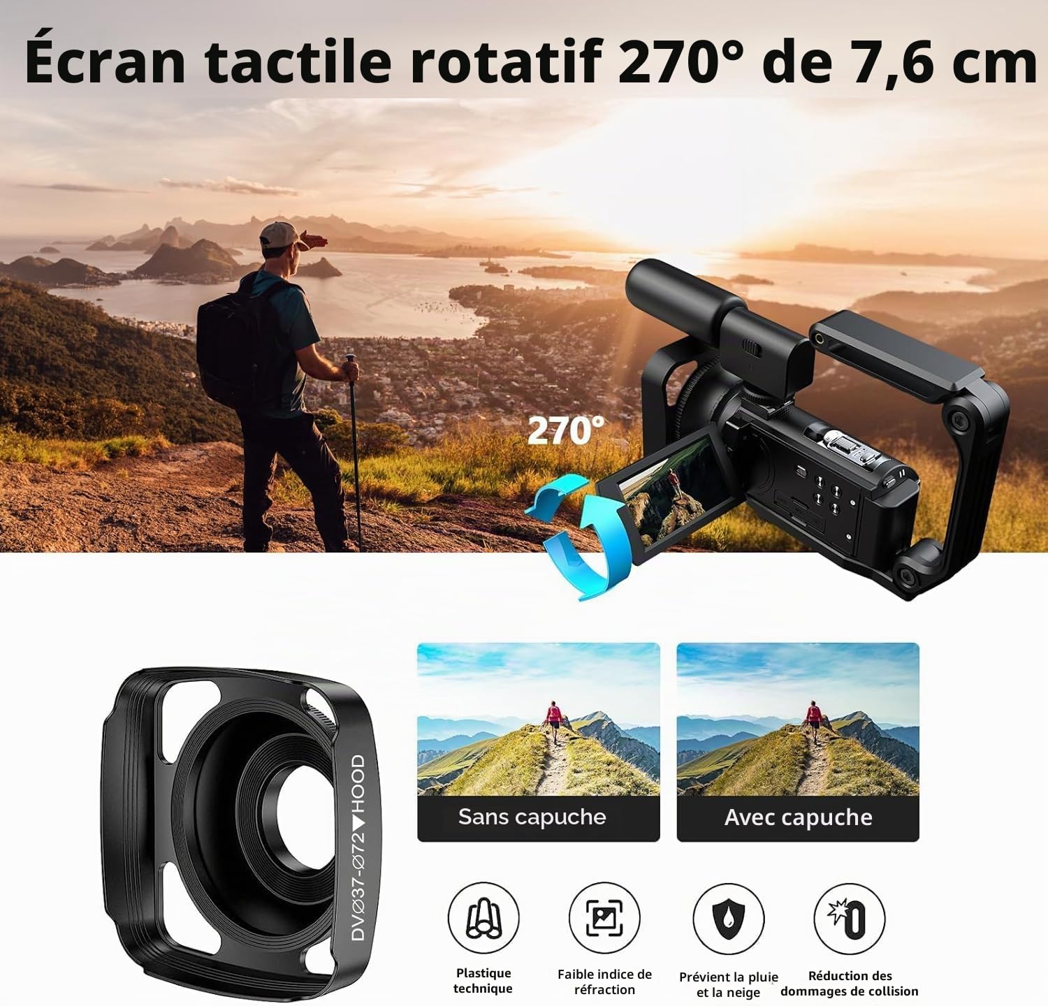 Caméra vidéo 5K 56MP Caméscope Vlogging Caméra YouTube, WiFi Vision nocturne 3" Écran tactile rotatif à 270° Video Camera avec carte 64 Go, microphone, stabilisateur, télécommande, 2 piles, trépied