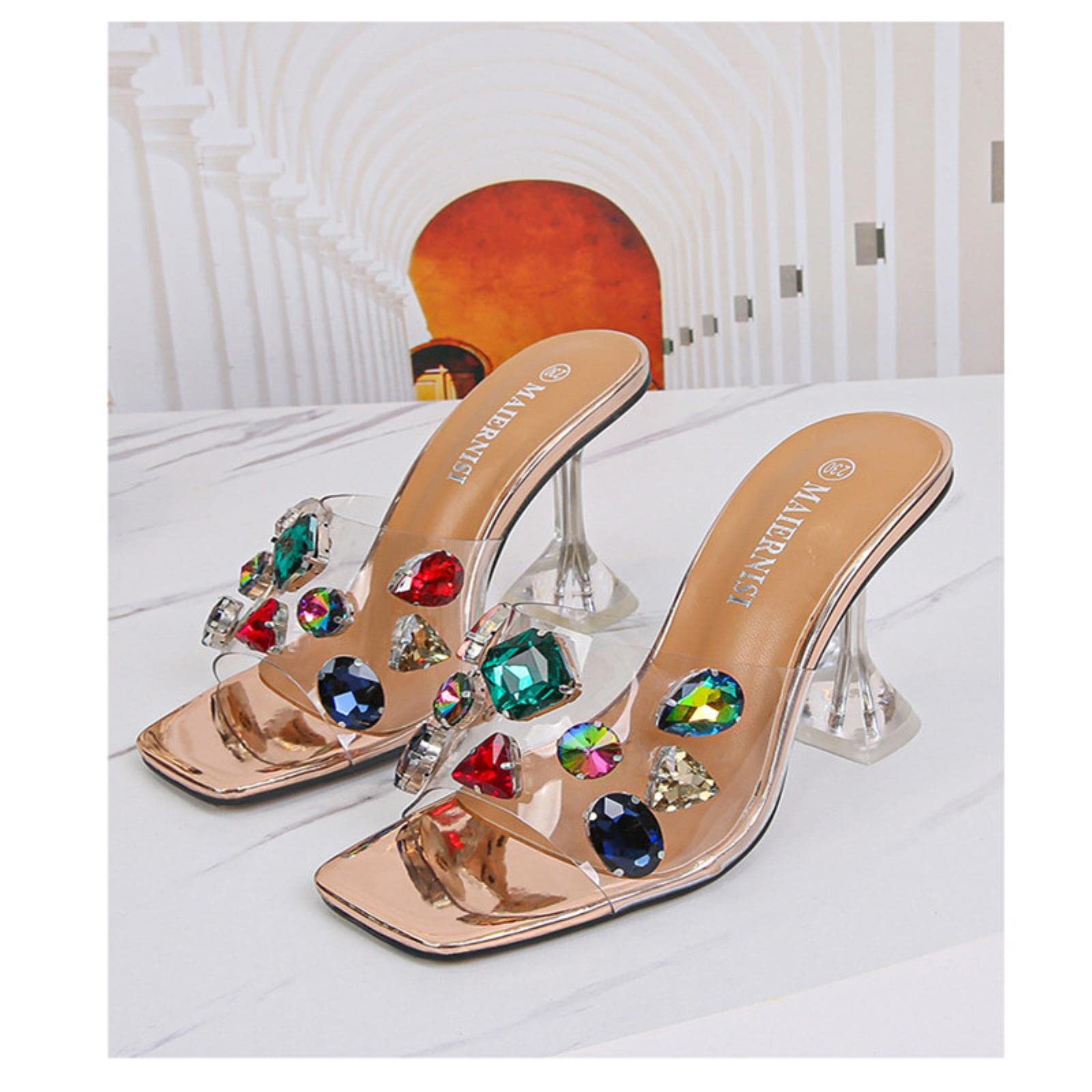 Verano Moda Cristal Diamante Diapositivas Claro Transparente Zapatillas Mujer Zapatos Peep Toe Delgados Tacones Hihg Vestido Bombas