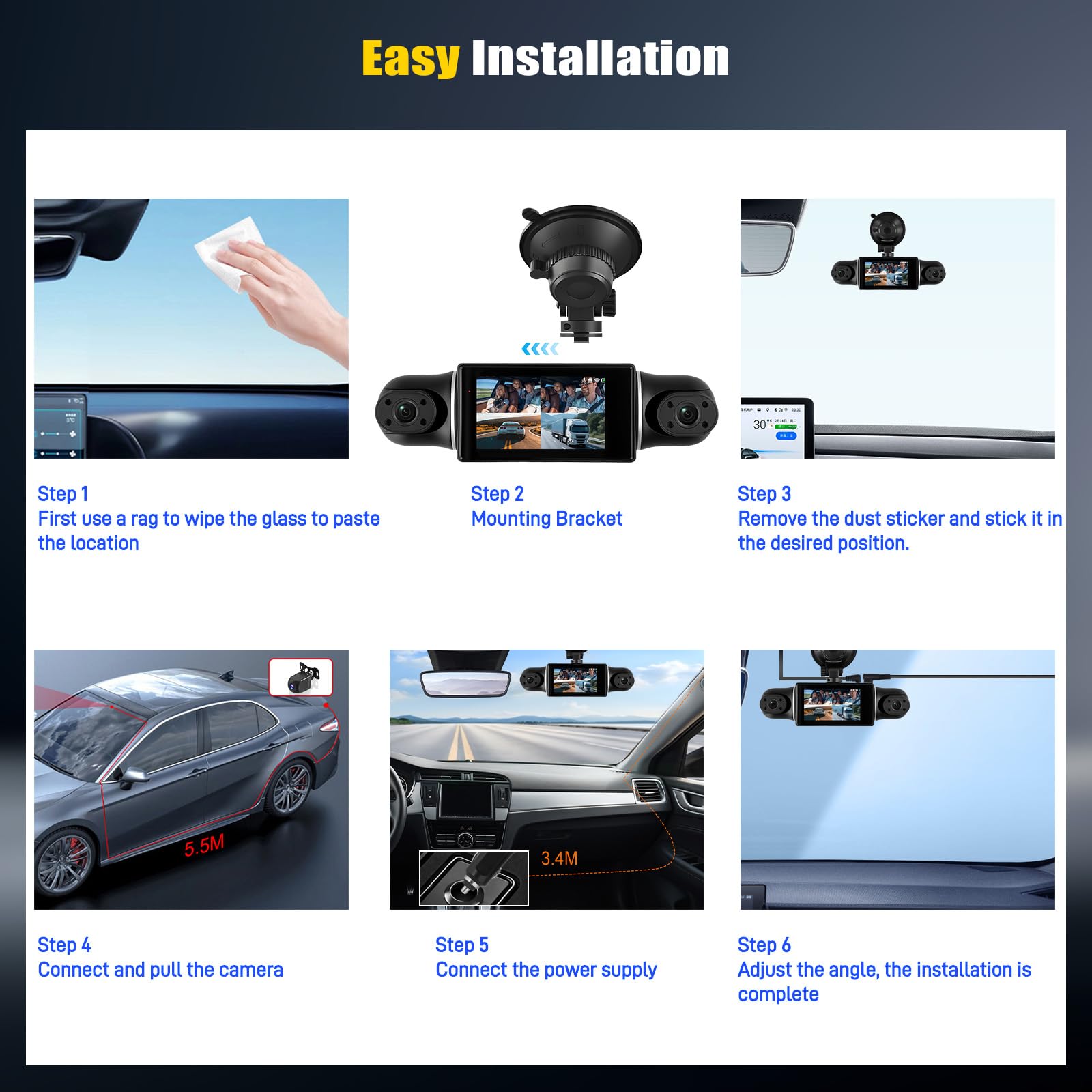 Dashcam Voiture 4 Canaux 360° avec WiFi, 2K+3*1080P Avant Arrière Droite, Autocaméra avec Vision Nocturne, Surveillance du Stationnement, G-Sensor, Enregistrement en Boucle, APP, Aide au recul