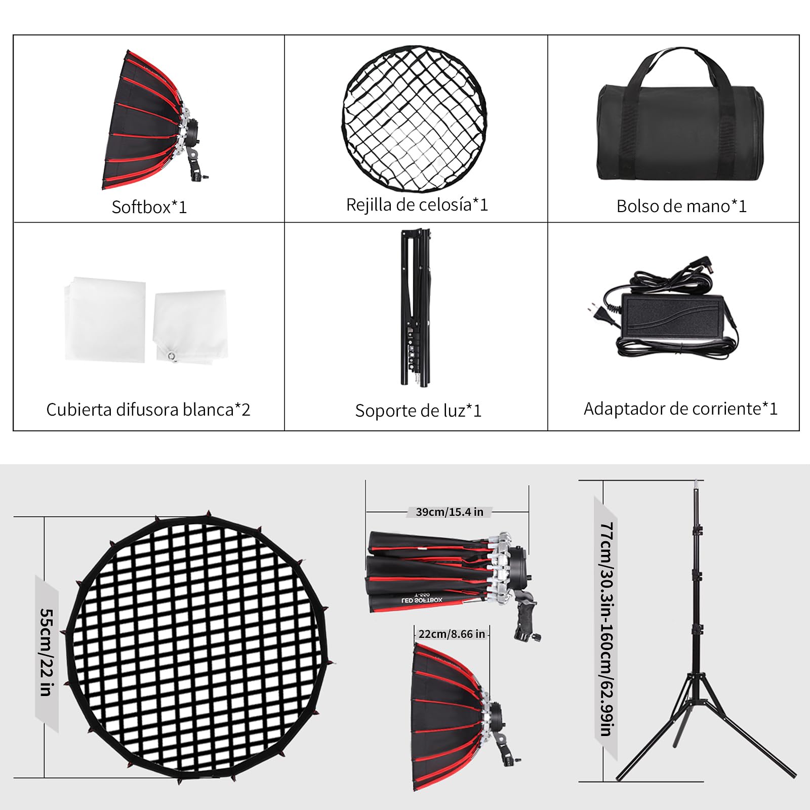 55cm/21’’ Kit de Iluminación Fotográfica LED de Caja de Luz Softbox Portátil de 60W, con Rejilla y Trípode, 3000-6500K, para Estudio, Retratos y Streaming,Video