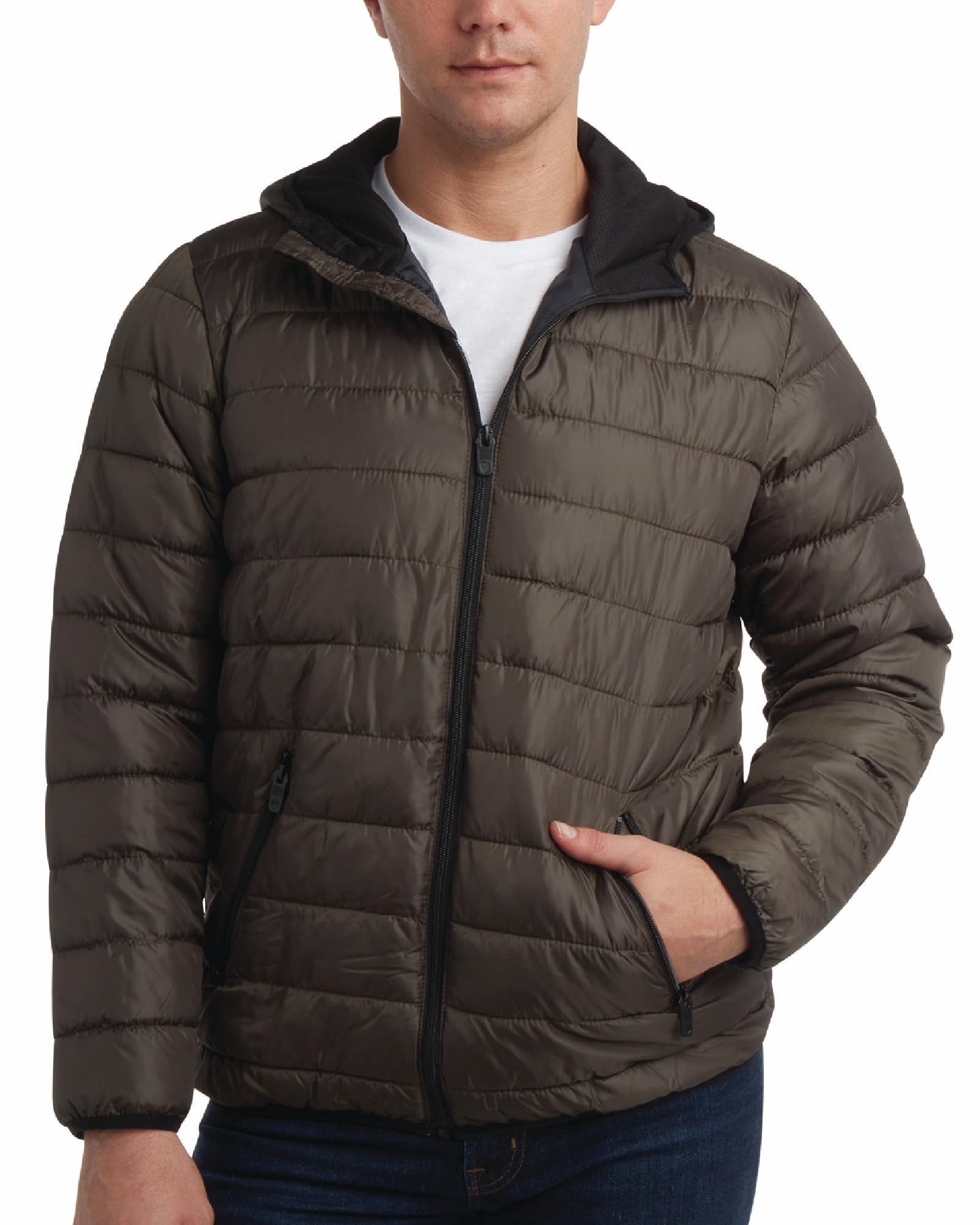 Perry Ellis Mens Puffer Jacket - Quilted Packable Down Winter Jacket with Hood - Lightweight Winter Coat for Men