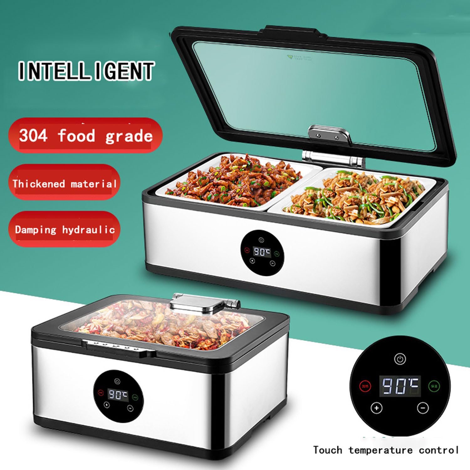 Server per buffet commerciale, fornello elettrico per scaldare gli alimenti in acciaio inossidabile da 600 W con schermo touch intelligente, regolazione della temperatura da 30 a 90 ℃, cerniera idra