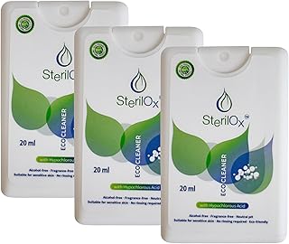3×20 ml – Spray higiénico à base de ácido hipocloroso (HOCl), sem álcool, para limpeza das mãos e acessórios, pack mini para casa e viagens
