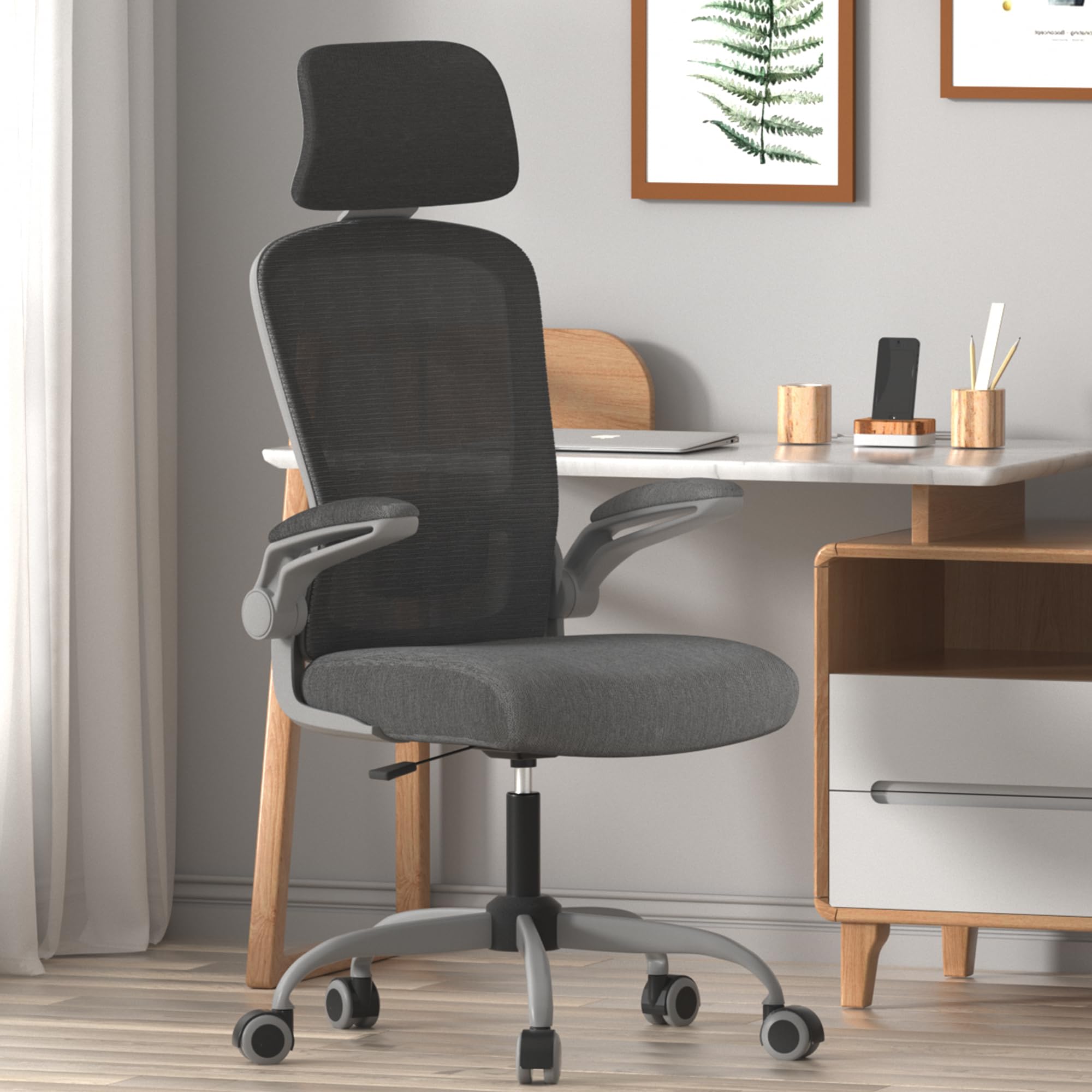 Mimoglad Office Chair, Comfy Desk Chair - High Back Ergonomic Computer Chair with Adjustable Lumbar Support & Headrest, Flip-up Armrests for Guitar Playing, Swivel Task Chair