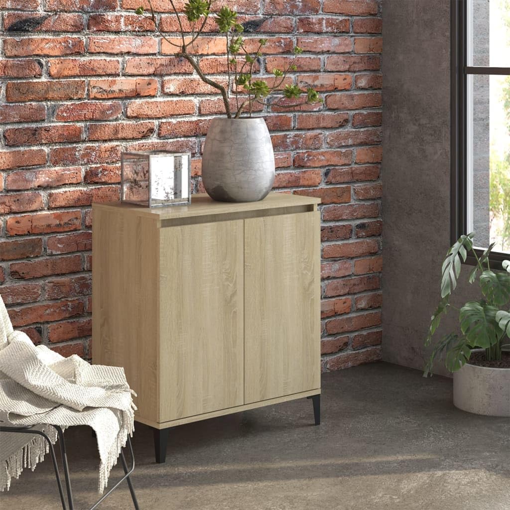 Përpara view of the Generic Industrial Credenza in Sonoma Oak with two closed doors and black metal legs.