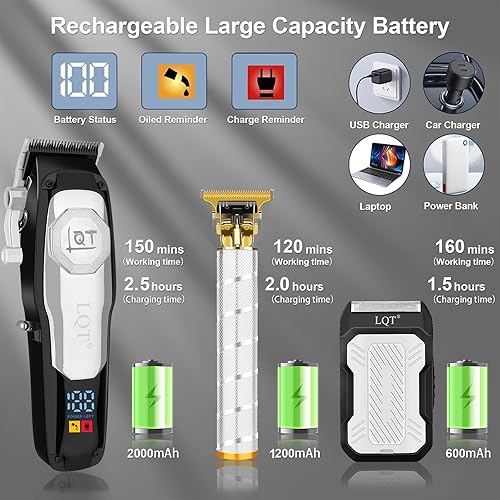 Miniatura 4 de Juego de cortapelos y recortadora de barba profesional inalámbrica para hombres, pantalla LED y batería de larga duración, palanca ajustable y