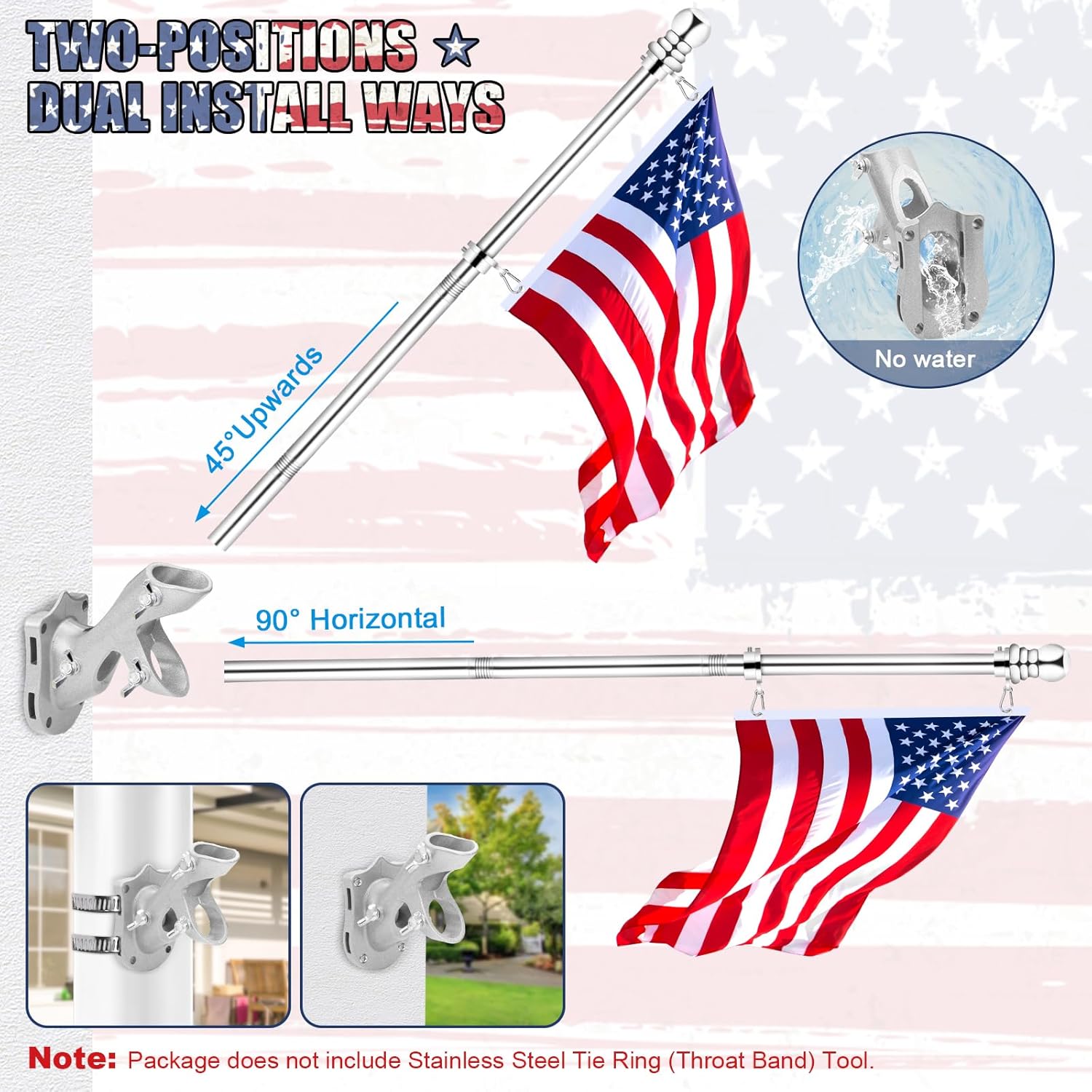 7 FT Flag Pole Kit with Bearings Rings Holder, 360° Anti-Wrap Spinning Flagpole 1" Metal Flag Poles with Rotating Bearing Steel Ball Ring Clips & 2-Position Bracket for Outside House Porch Wall Mount - Image 6