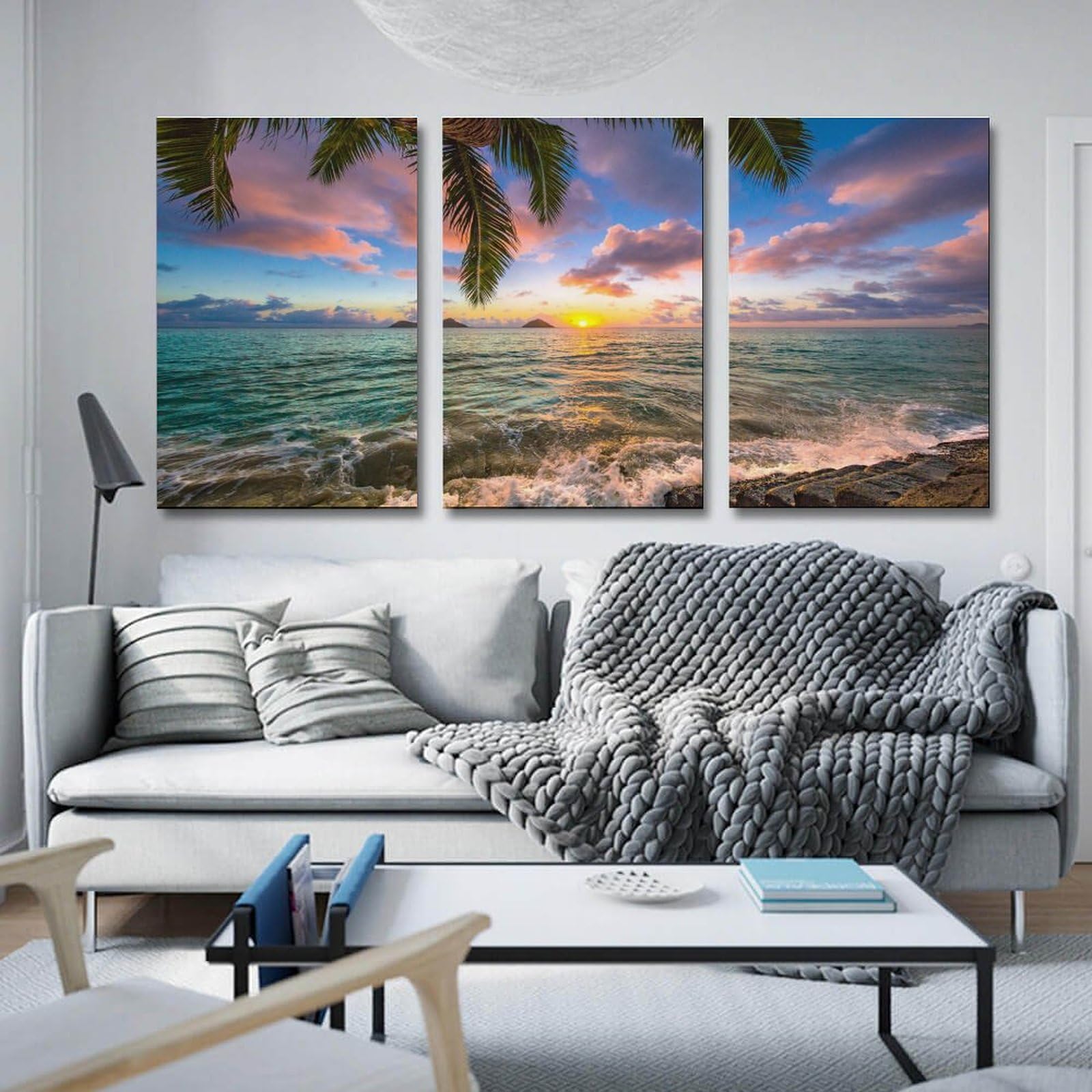 Amazon.co.jp: 3枚 ヤシの木と海に沈む夕日 絵画 インテリア