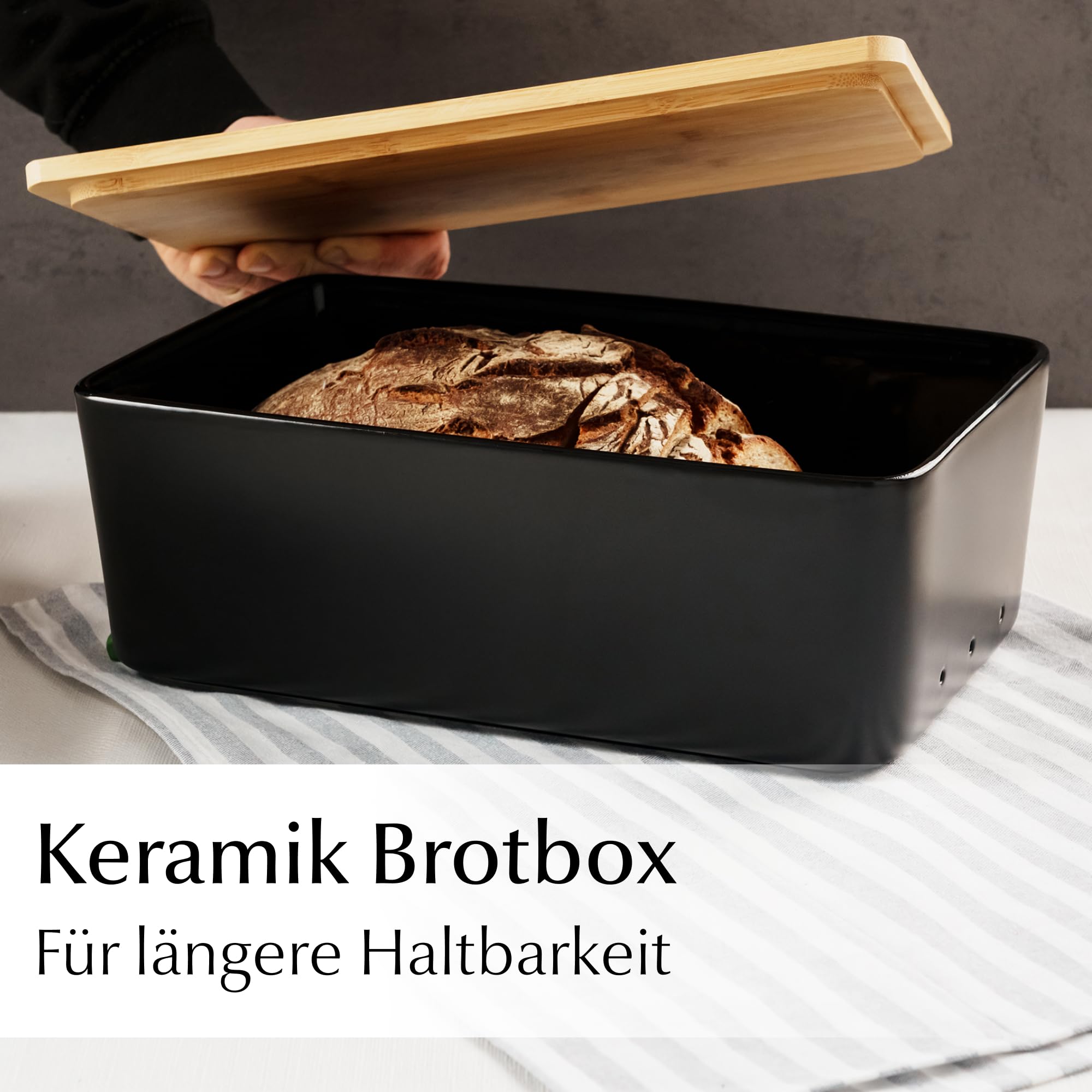 MIAMIO - Brotbox/Brotaufbewahrung/Brotkasten Keramik mit Deckel (Schwarz) | Brot Kasten mit Bambus-Deckel & Schneidebrett, Keramik Brotkasten / Brotdose, Moderne Brotaufbewahrung mit Stofftasche