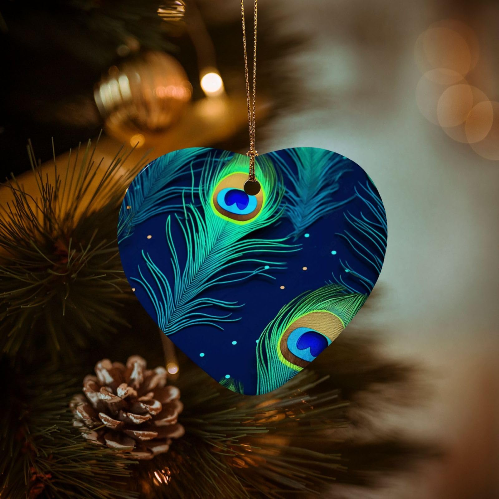 Christmas Tree Ornaments Ceramics Christmas Decorations Peacock Feather Ornaments with Gold Ribbon Porcelain Xmas Tree Crafts Heart Shape Hanging Pendant for Christmas Tree Party Decor