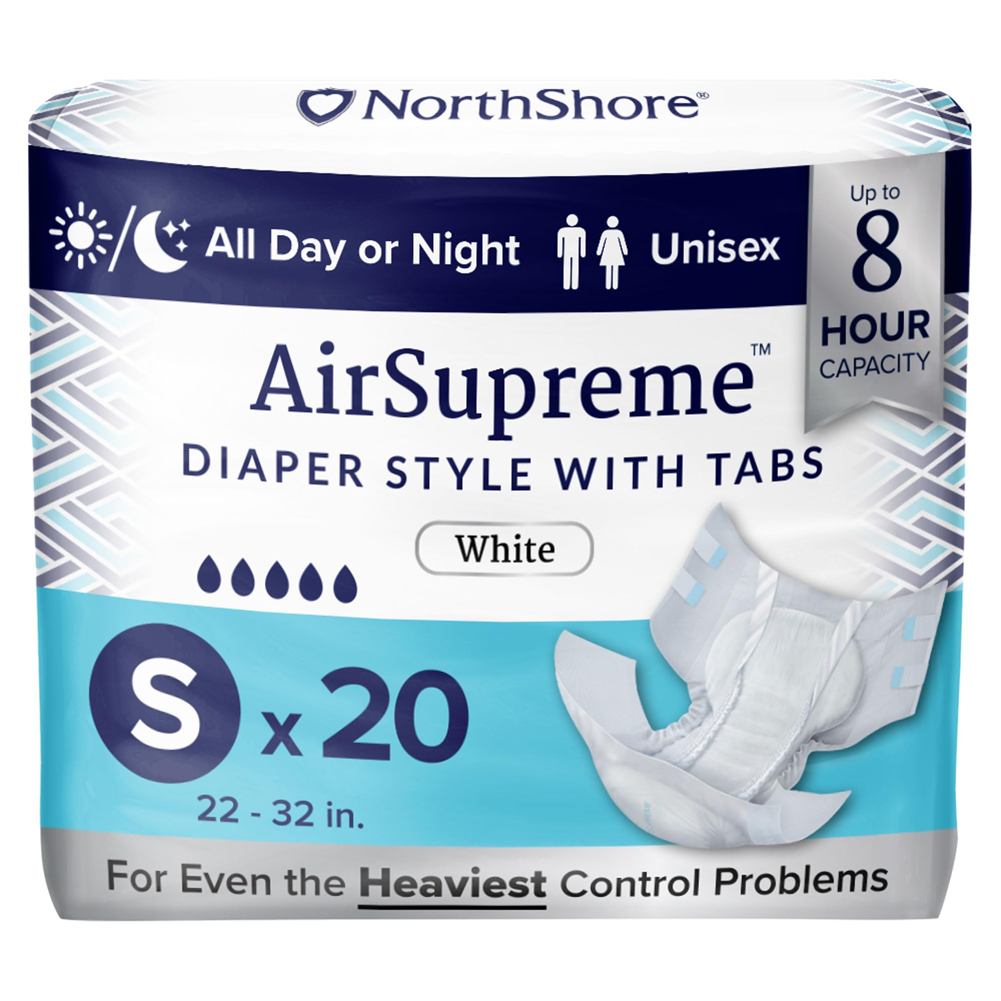 NorthShore AirSupreme Incontinence Tab-Style Briefs for Men and Women, Small, Pack/20