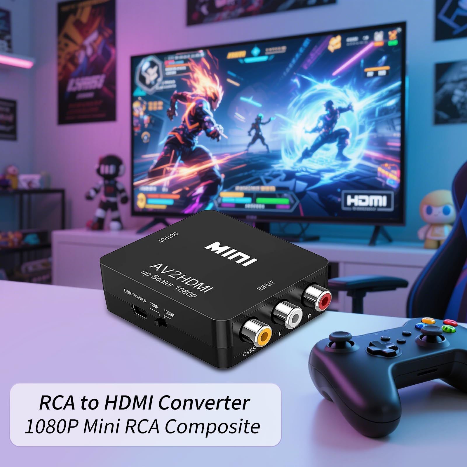 Convertitore da RCA a HDMI, 1080P Mini RCA composito CVBS AV a HDMI Video Audio Converter Adattatore per PC Xbox PS4 PS3 VHS VCR DVD TV STB Supporto PAL/NTSC con cavo di alimentazione USB