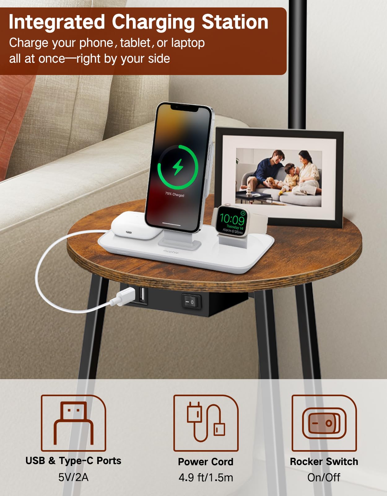 Lampada da Terra con Tavolino, LED Dimmerabile con Telecomando, 3 Temperature Colore, Mensola con Ricarica USB per Soggiorno Camera Ufficio (Marrone Rustico Rotondo)