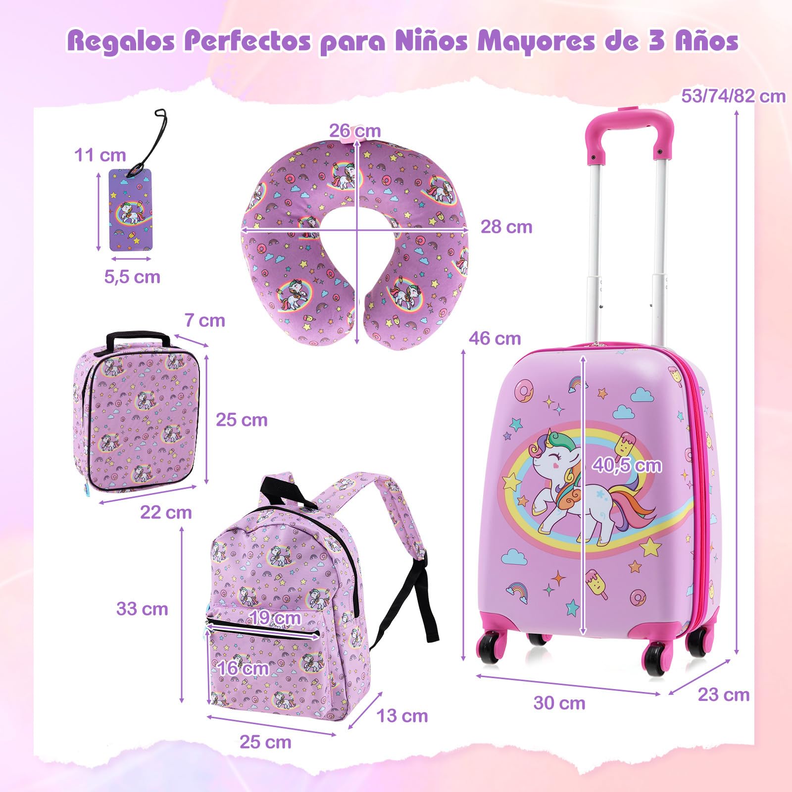 COSTWAY Maleta Cabina Niños de 5 Piezas, Maleta de Viaje Infantil con Mochila, Almohada para Cuello, Etiqueta de Equipaje, Bolsa de Almuerzo, Maleta niña con Ruedas Universales (Unicornio)