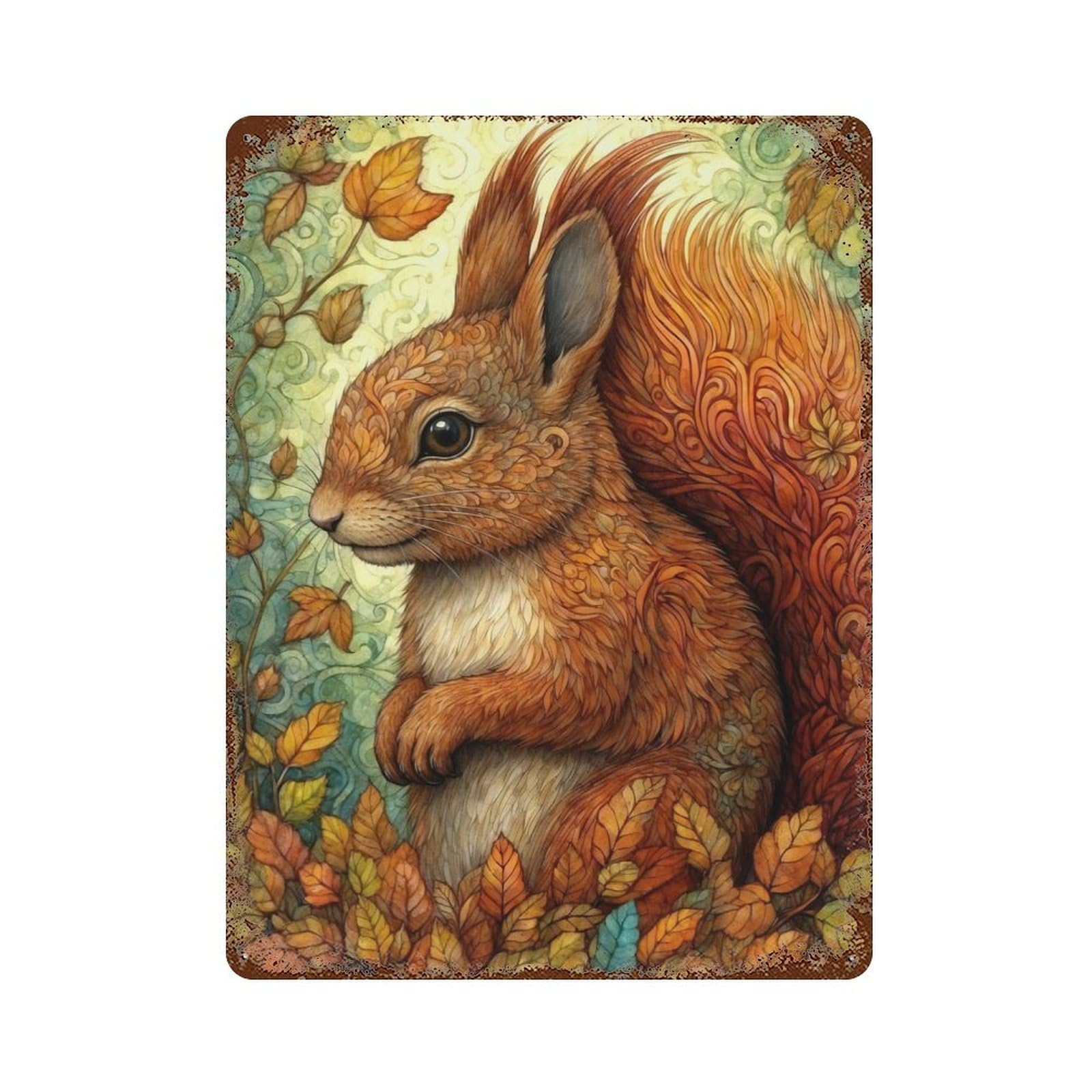 Squirrel in Fantasy Forest Decorative Tin Sign 15.7"x11.8", Retro Wall Decor for Living Room, Hallway And Home Decor