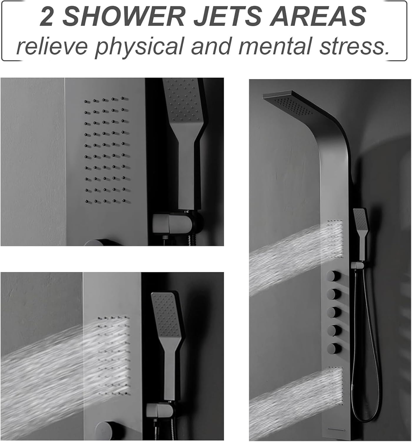 Images showing water flowing from the body massage jets of the shower panel.