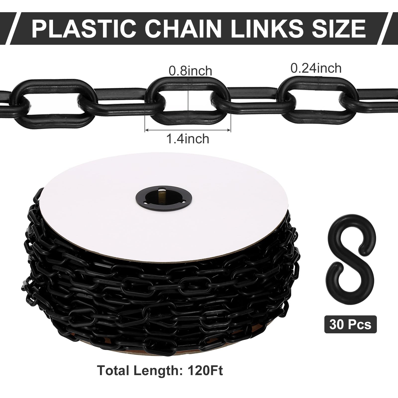 PATIKIL Chaîne en Plastique, 120 Pieds de Chaîne de Sécurité pour le Contrôle des Foules, Maillons de Chaîne en Plastique Noir de 1/4 Pouce (6 mm) pour Files d'Attente, Stationnement
