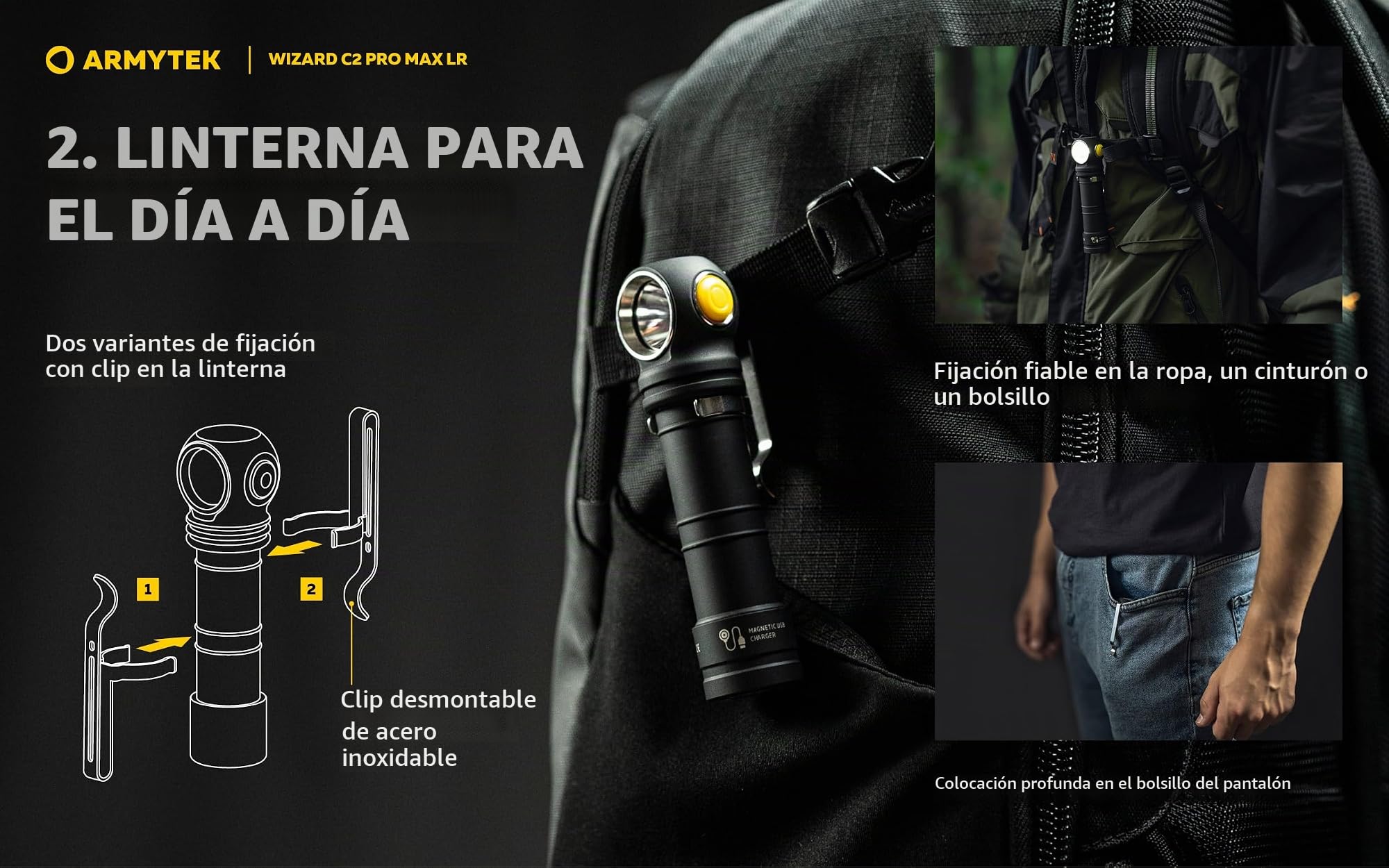 Armytek Wizard C2 Pro Max LR Warm LED Linterna con clip para cinturón, con estuche para batería 3870 lm 151 g