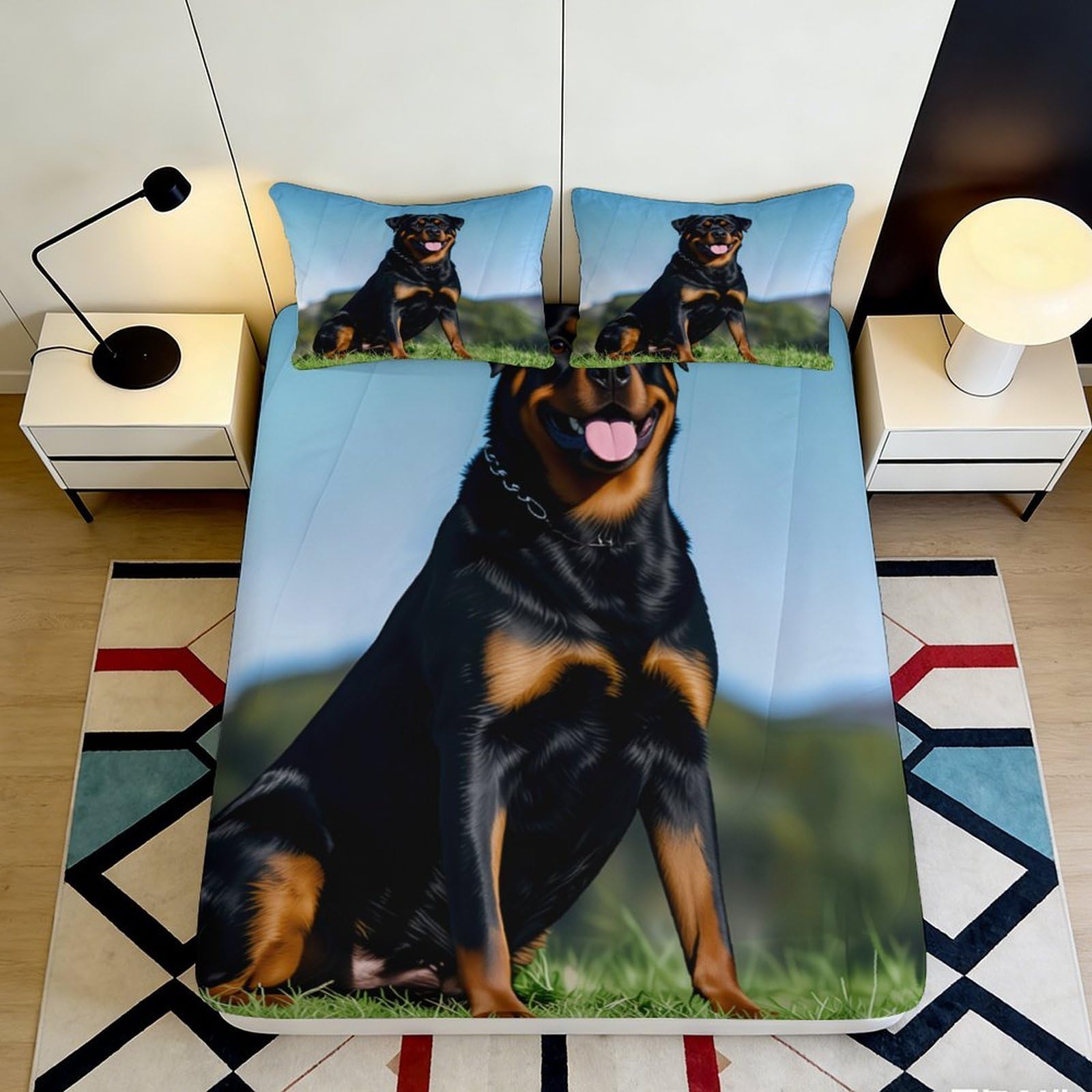 3D Printed Rottweiler Dog Fitted Sheet Microfiber Anti-Slip Bed Cover for Bedroom Guest Room Decor Machine Washable 90x200x25cm