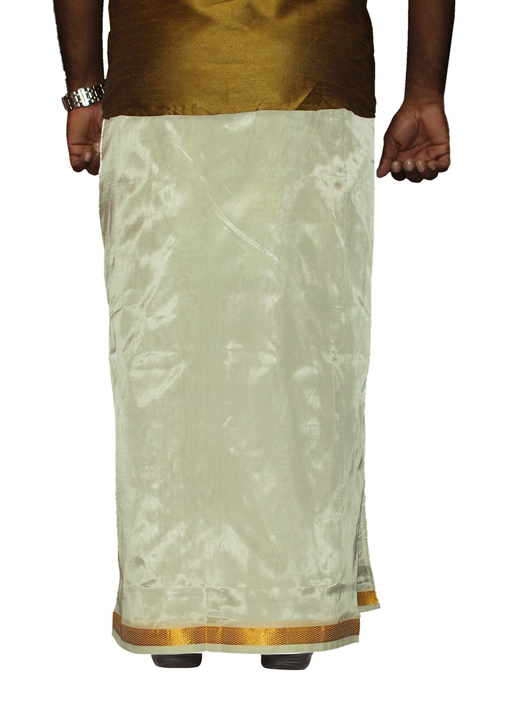Prakasam Cotton Mens Pure Mixed Silk Double Layer Cream Colour Wedding Dhoti (1.30 X 3.60 Meter)