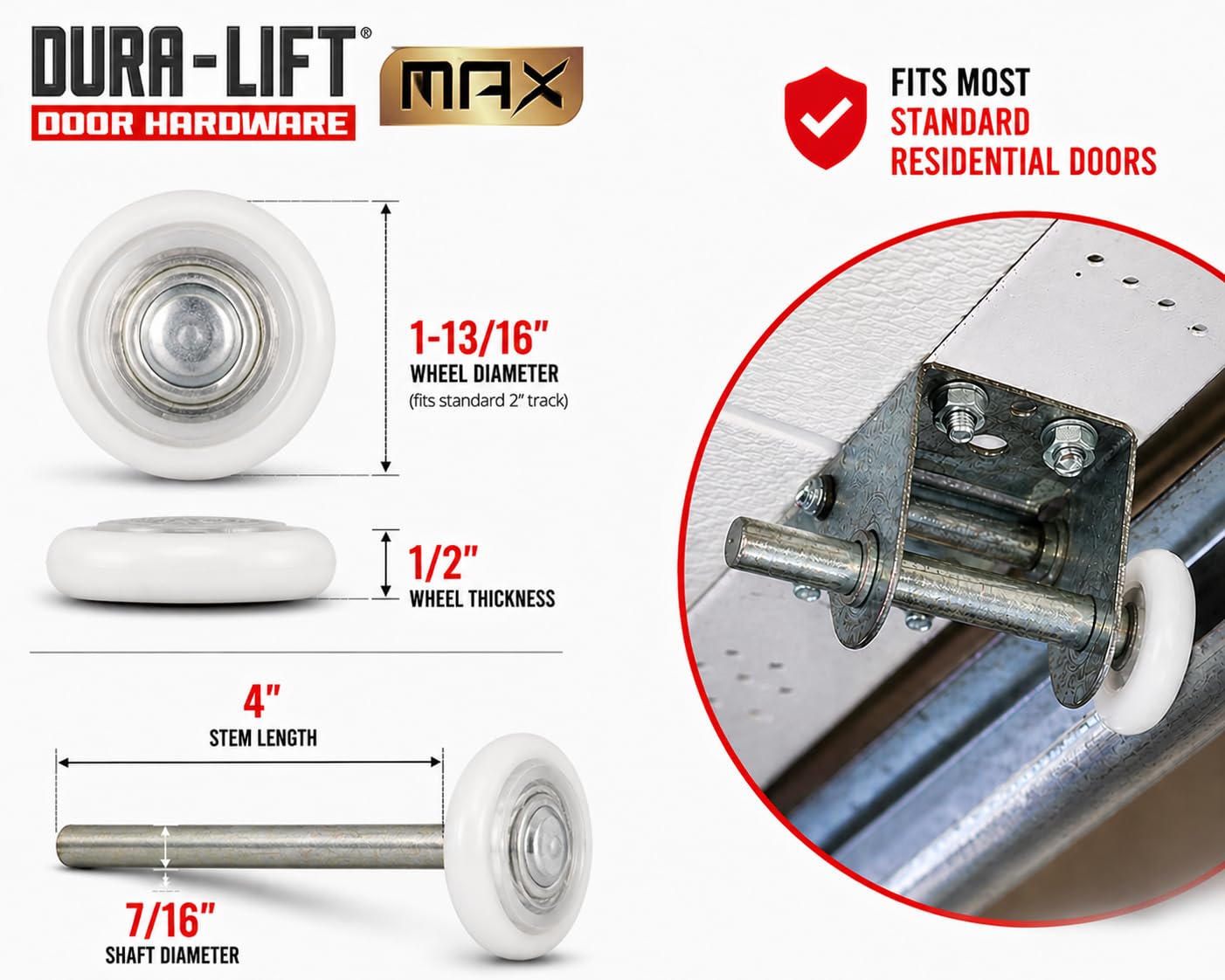 DURA-LIFT Ultra-Life MAX Rodillo de puerta de garaje de nailon sellado de 2 pulgadas 6200ZZ, vástago de 4 pulgadas, paquete de 10