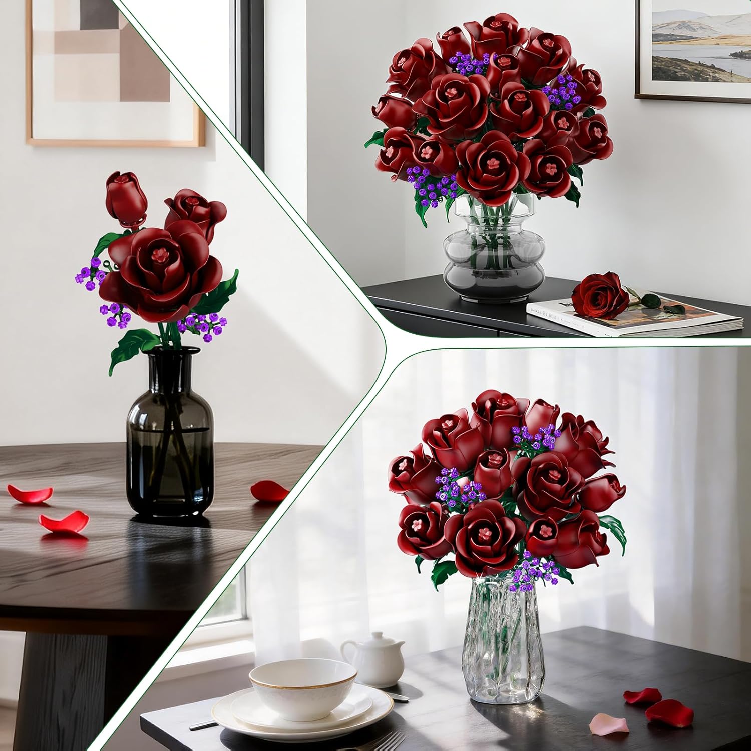 HOGOKIDS Flowers Bouquet Building Set - 15 Burgundy Roses Mother's Day Gfit for Mom, 330PCS Deep Red Rose Botanical Collection Building Blocks Artificial Flower Gothic Home Decor for Wife Adults Girls