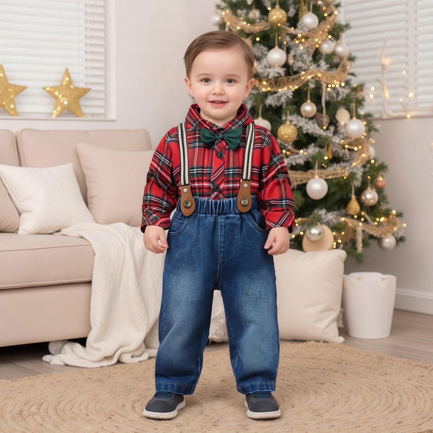 Toddler Baby Boys Christmas Gentleman Outfit Bow Tie Long Sleeve Plaid Shirt Suspender Long Pants Formal Set - Image 6