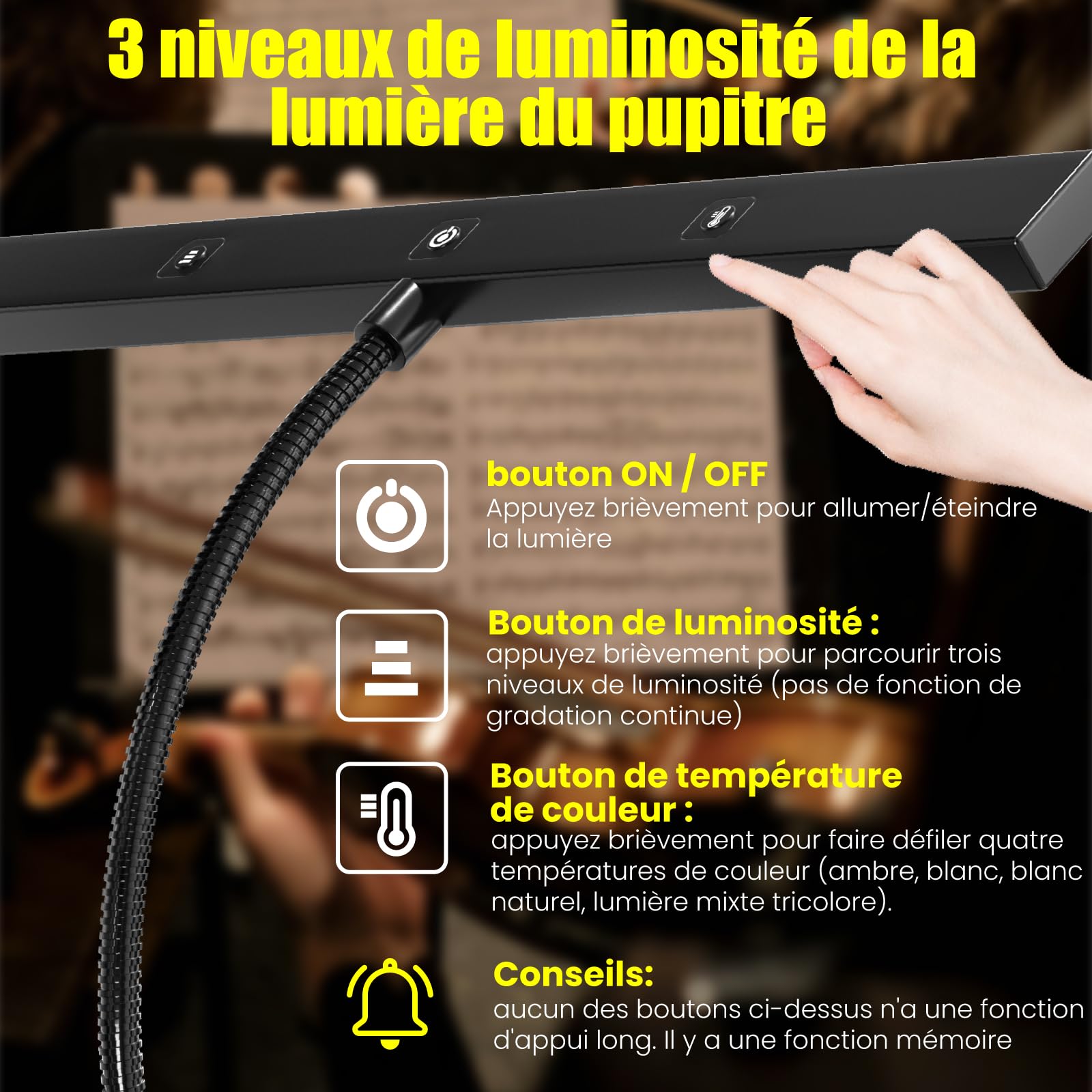 Lampe de pupitre à 30 DEL,lampe à clipser pour pupitre de musique,lumière de piano rechargeable par USB,4 couleurs et 3 luminosité,parfait pour le piano,Partitions,Guitare,artisanat