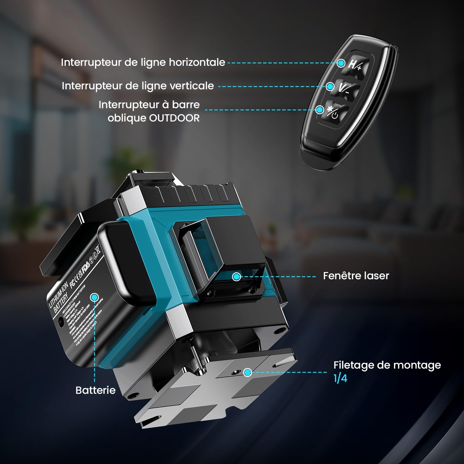 Niveau Laser Chantier Autonivelant 360° x 4, Lazer Niveaux 4D 16 Lignes Laser, Autonivellement et Mode Pulsé Extérieur, 2 x Batterie, Nivellement Automatique, Support Rotatif, Télécommande